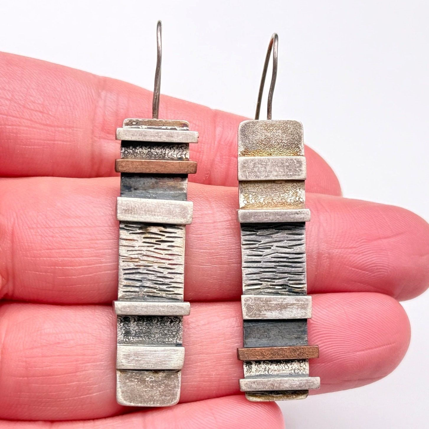 Vintage Modernist Mixed Metal Bar textured Sterling Silver Dangle Earrings