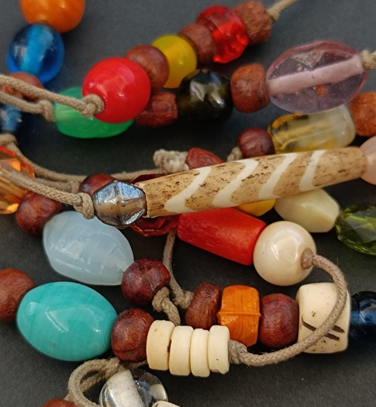 Vintage Long Boho Lariat Necklace Mixed Beads Glass Ceramic Wood Knotted Station