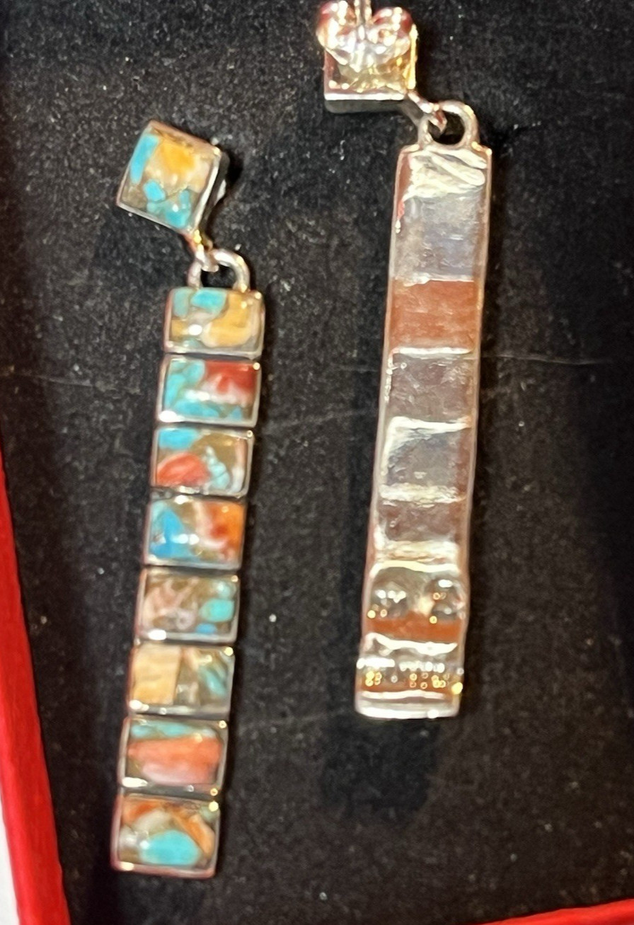 Vintage Sterling Silver Multicolor Drop Earrings 8 Rectanges &1 Rombus Shape 2″L