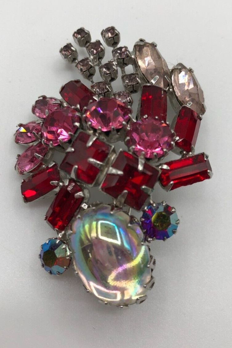 VTG Pink & Red Rhinestones Brooch Pin Iridescent Cabochon MCM 1950s Estate