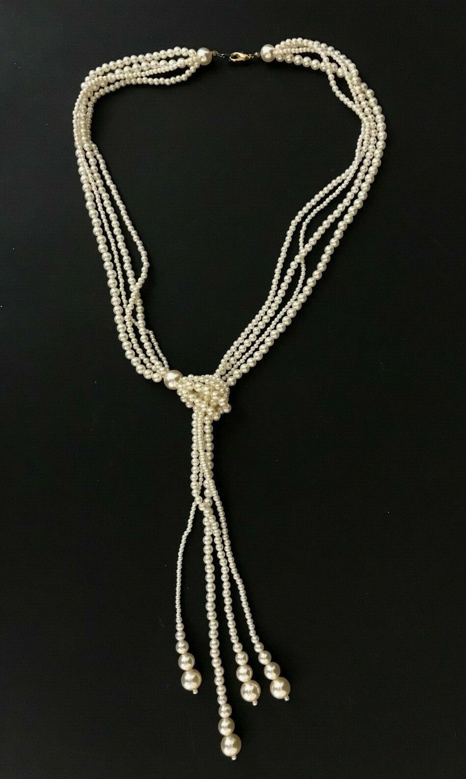 Stunning 4-Strand Multi Size Faux Pearls Adjustable Wrap Tassel Lariat Necklace