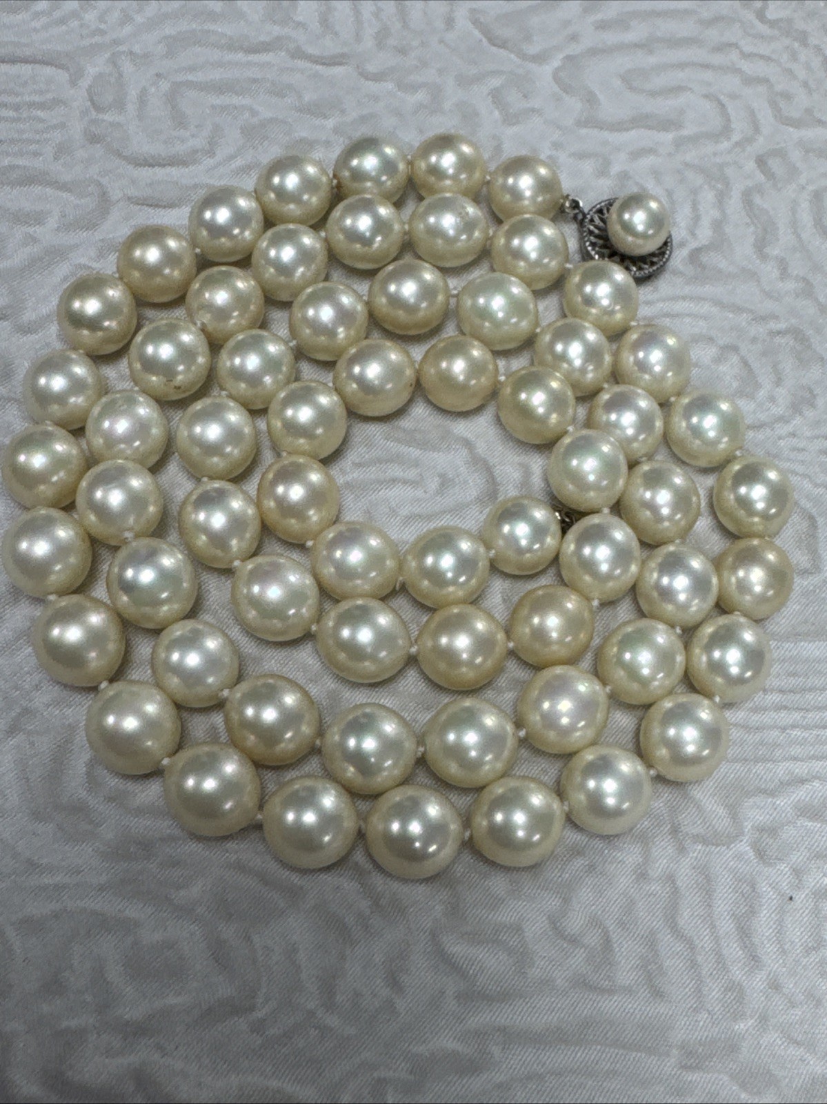Vintage 1950s Hand Knotted Faux Pearls With Decorative Sterling Pearl Clasp 92 G