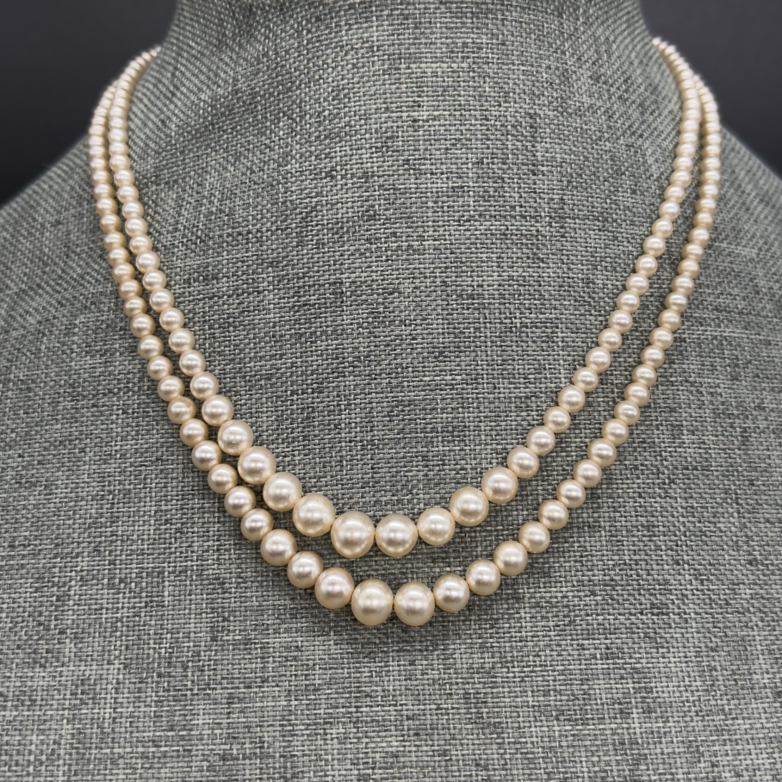 Vintage Art Deco Pearl Necklace Double Strand Box Clasp Rhinestones 17 Inches