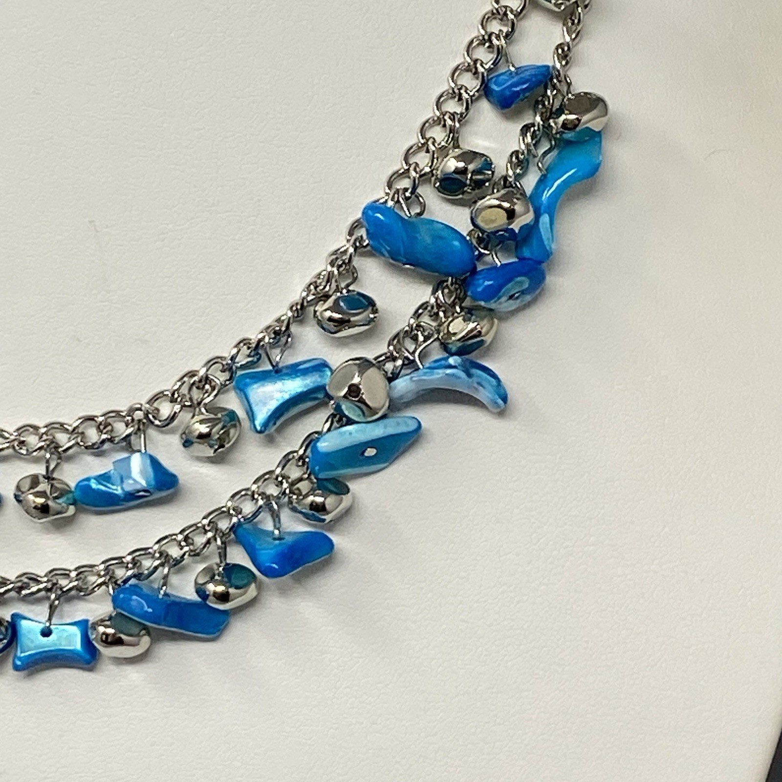 Mother of Pearl Necklace Blue Dyed Fringe Nuggets Silver Tone Layered Shell 16″