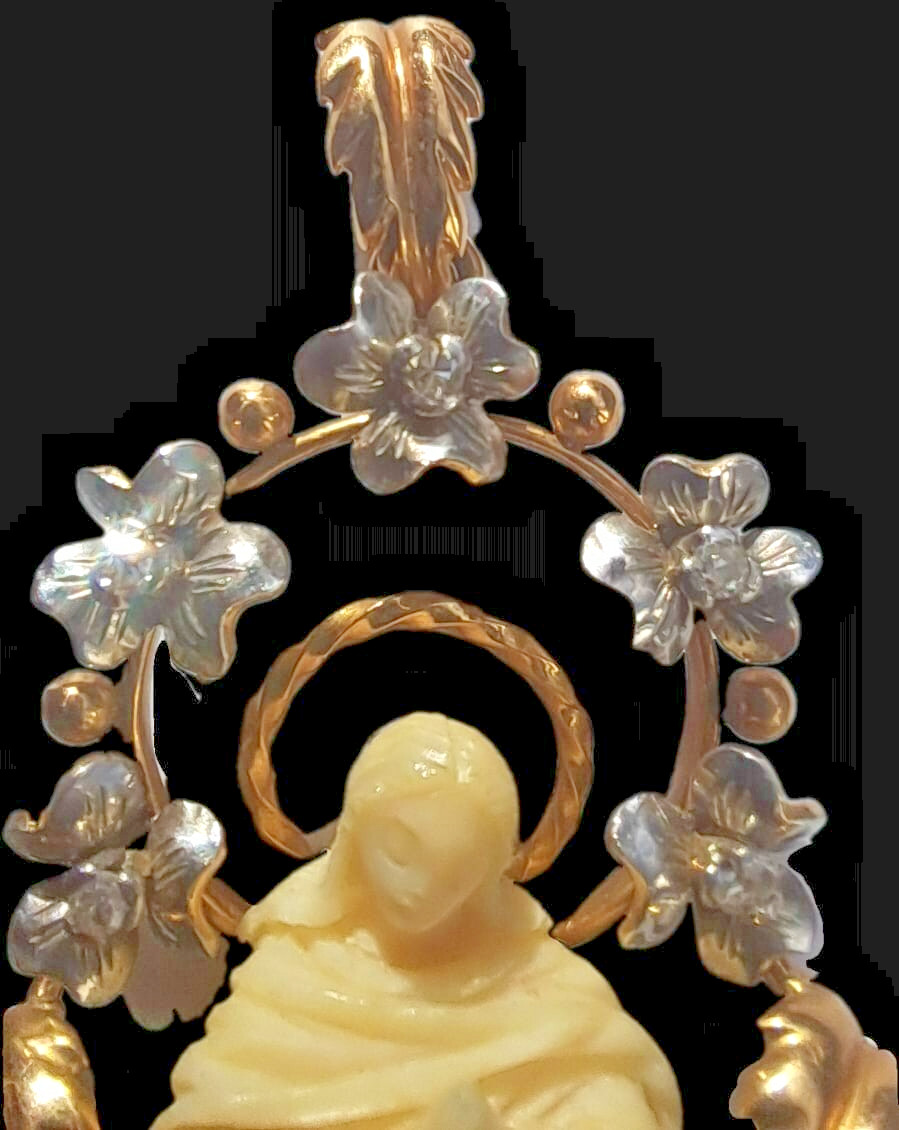 Antique Art Nouveau 18K Gold Virgin Mary Pendant Rose Cut Diamonds c1900