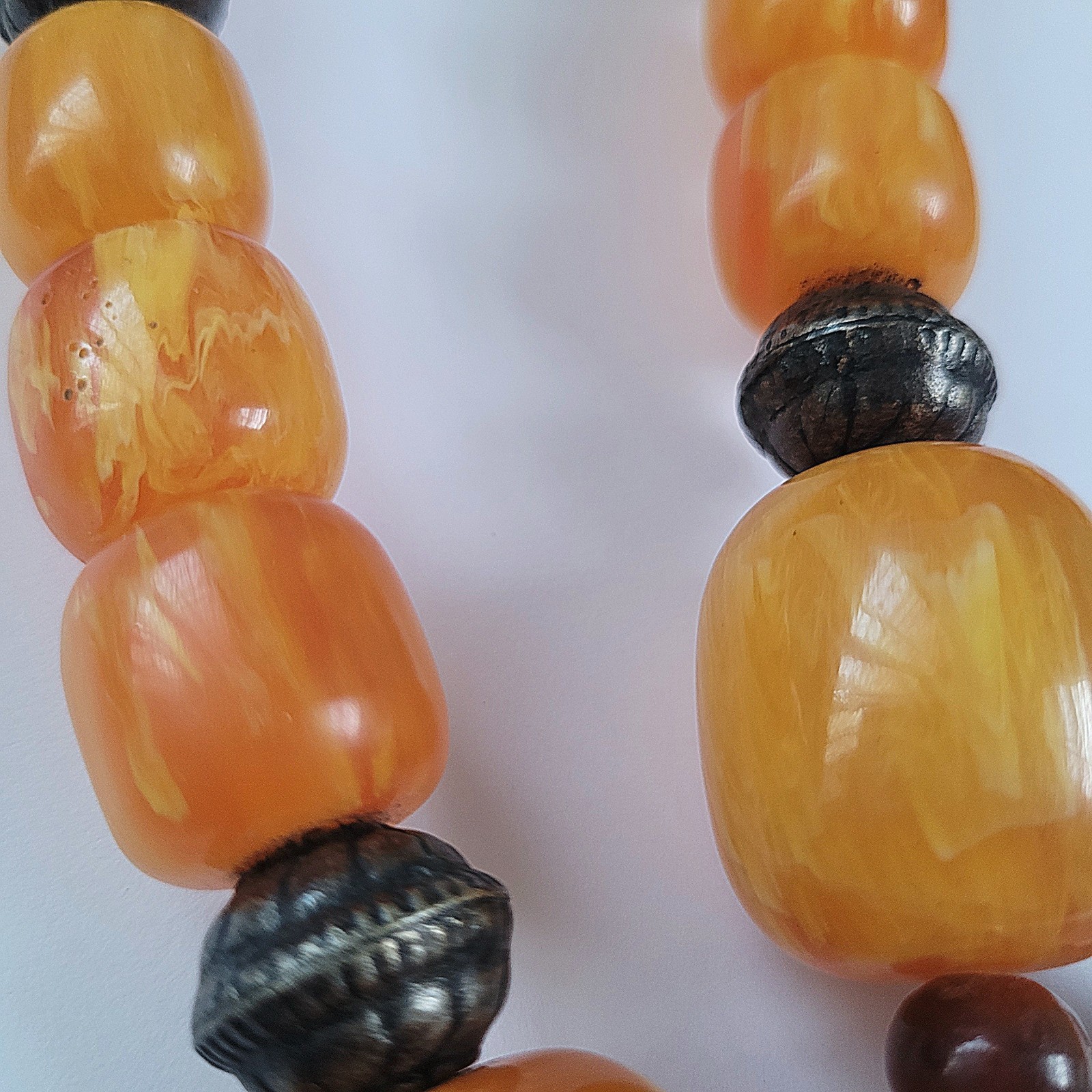 Vtg Pressed Amber Resin ? Prayer Beads Necklace Silverplate Pendant Moroccan