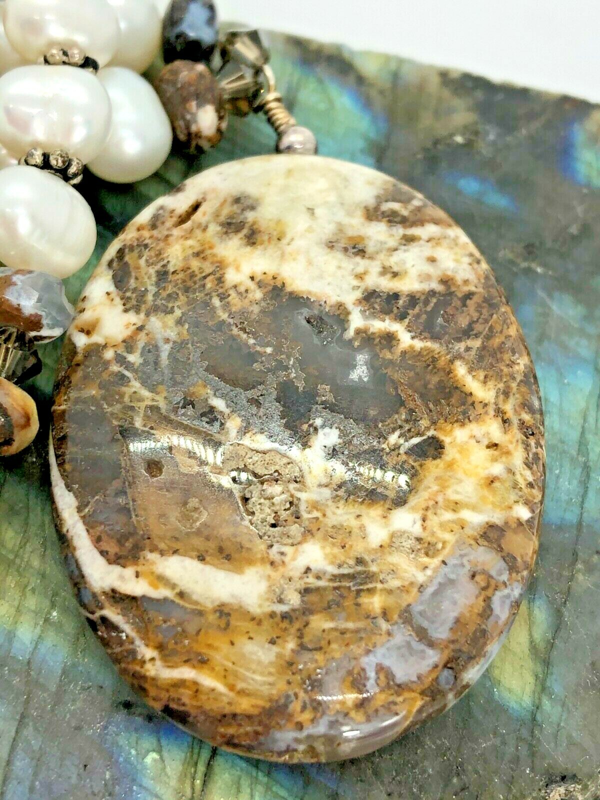 Vintage Sterling Silver 39mm White Brown Agate Pearl Beaded Necklace 20″
