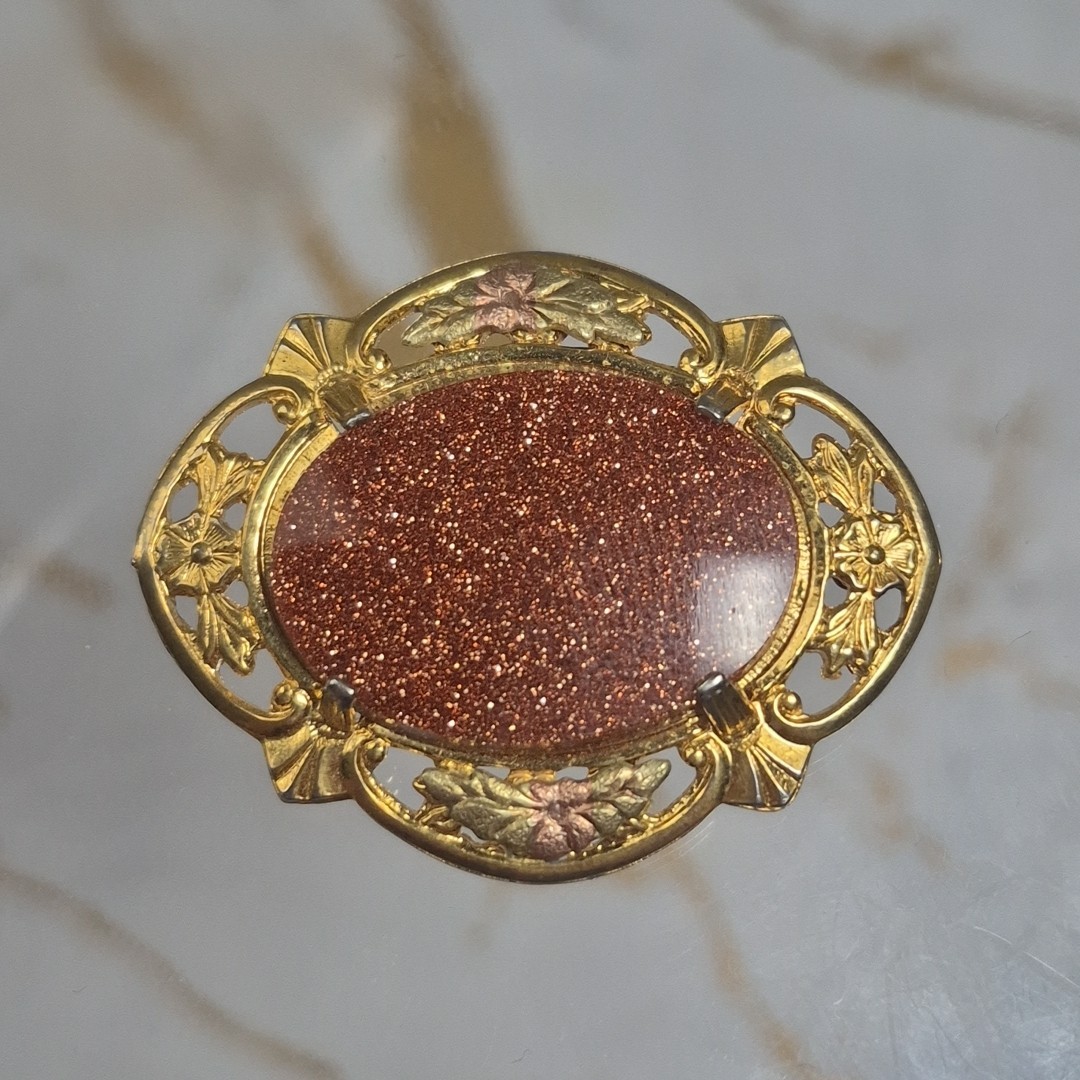 Vintage Unmarked Tri Gold Filled GF Orange Goldstone Flower Brooch Pin