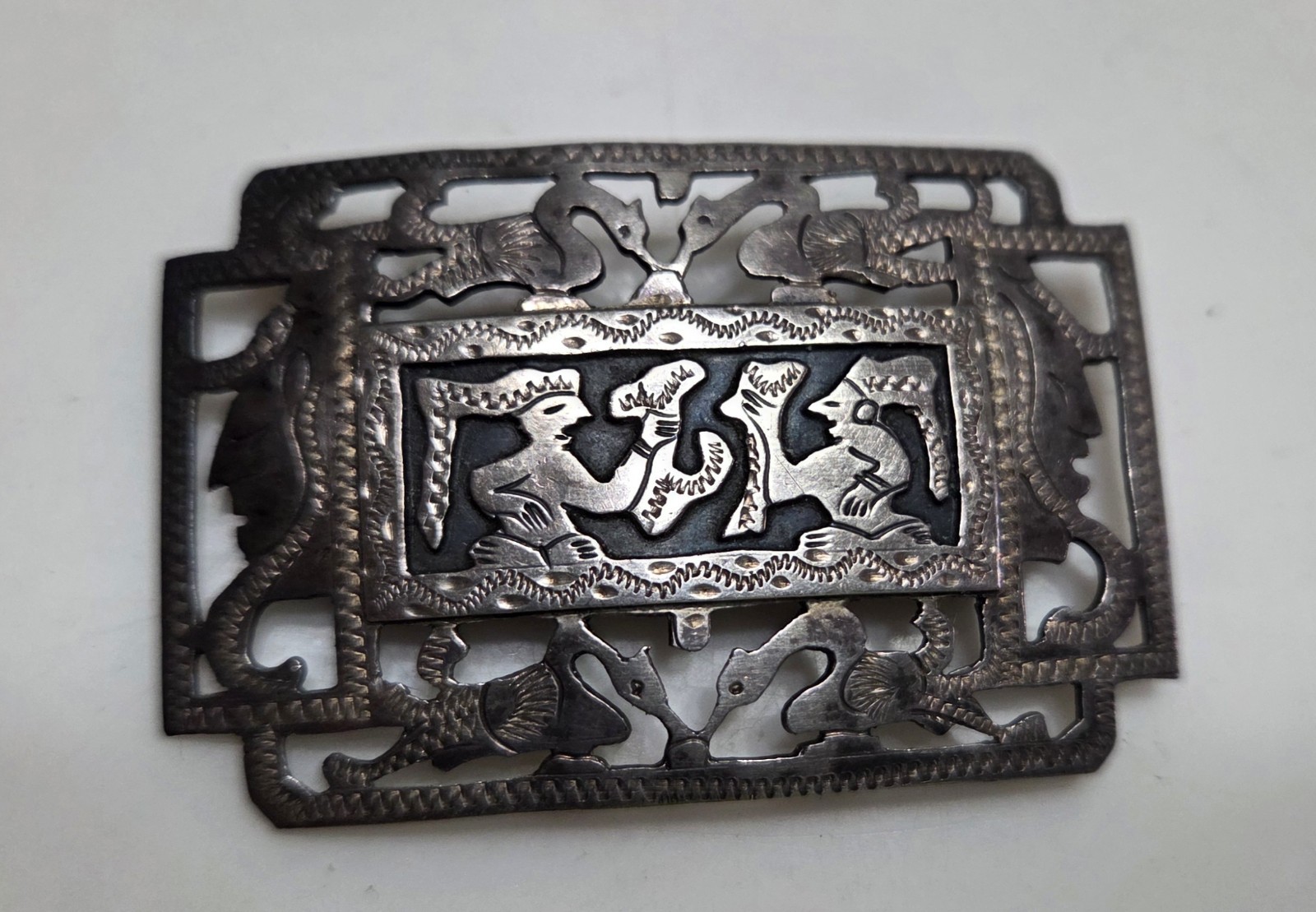Antique 900 Silver Brooch Story Tellers Guatemala Warrior Mayan Inca 2″ Enamel