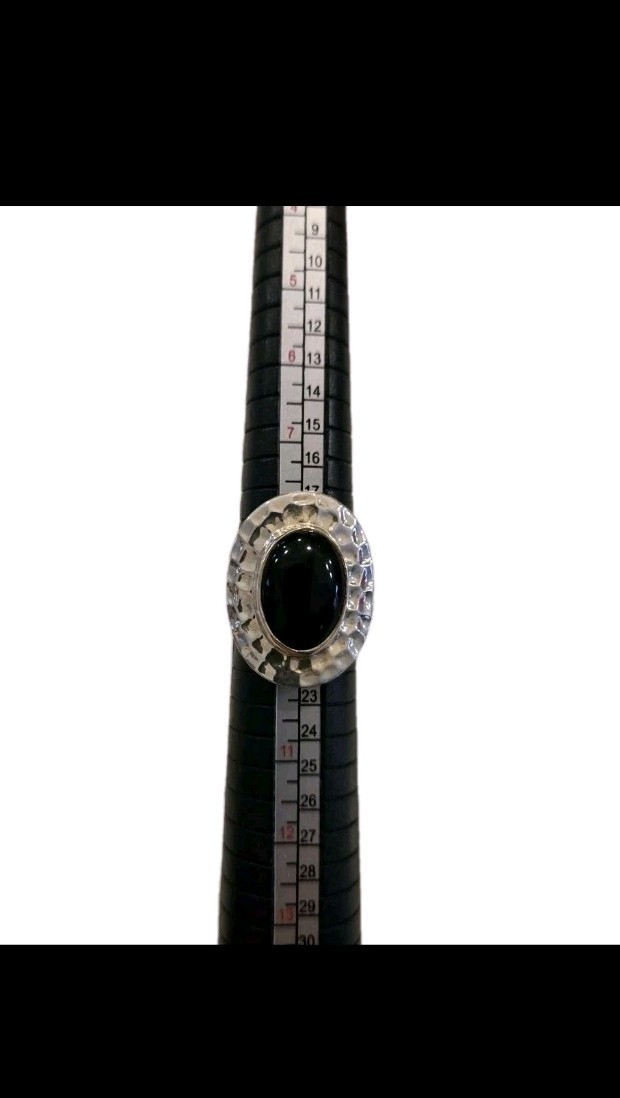 Sterling Silver ATI Mexico Onyx Hammered Handmade Oval Statement Ring Size 9