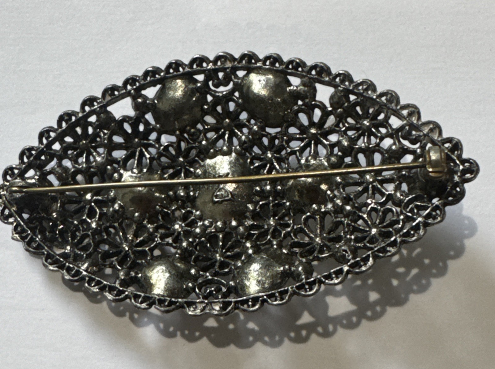 Antique New England NE Glass Works Large Brooch Red Rhinestone Floral Filigree3”