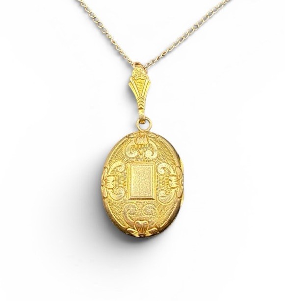 Victorian 10k Gold Filled Locket Necklace Etched Oval 16” B44