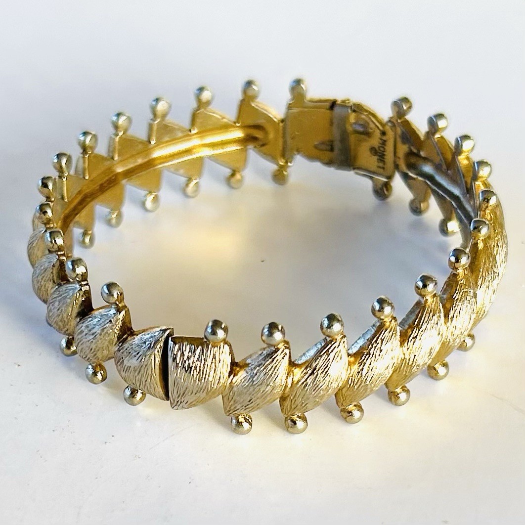 Vintage Signed Monet Textured Gold Tone Finish Hinged Bangle Bracelet Cuff