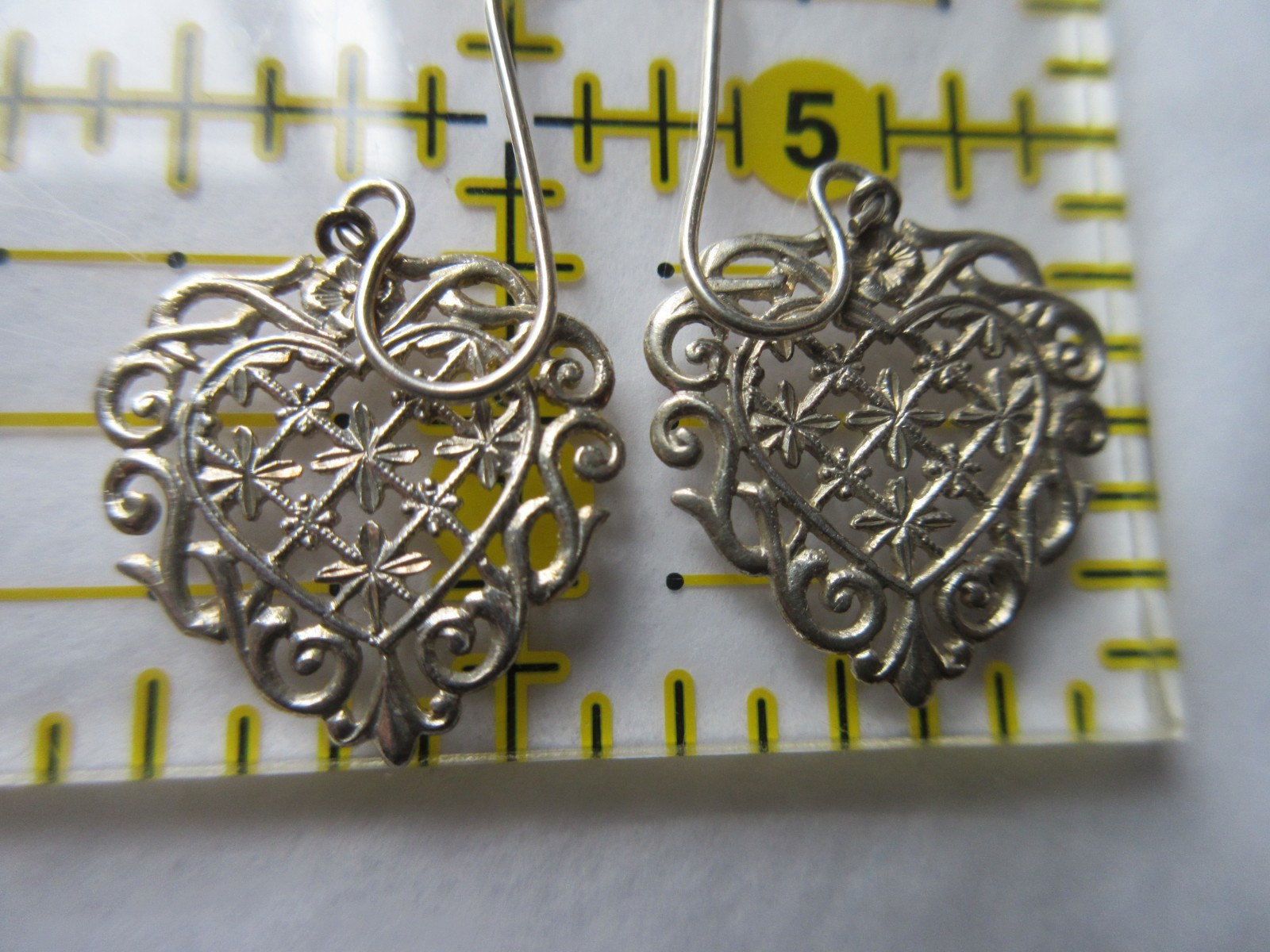 Vintage Sterling Silver Filigree HEART EARRINGS Dangle Hook Pierced