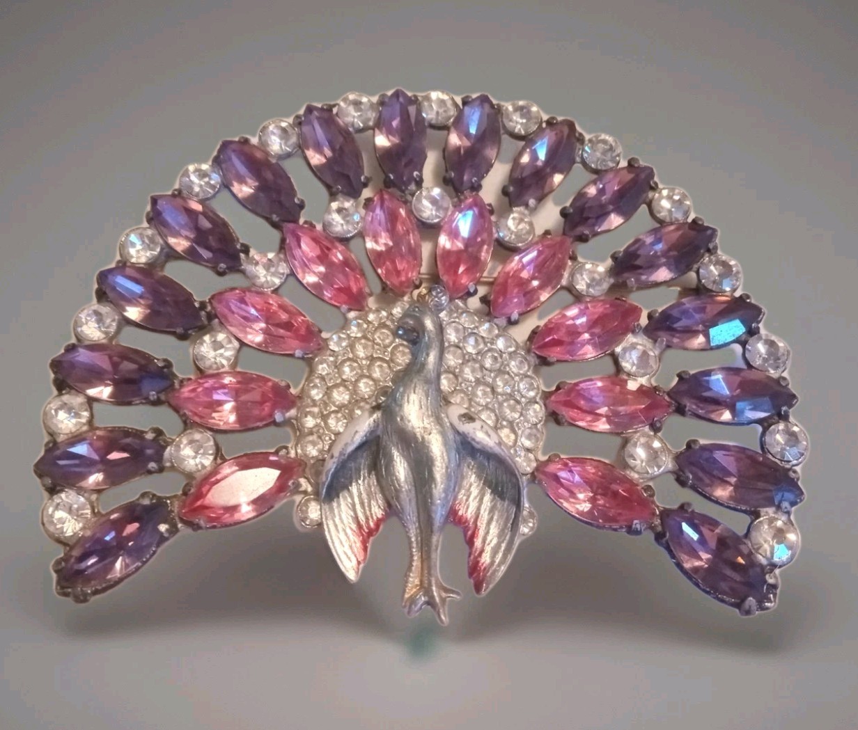 RARE!! Vintage Art Deco Peacock Pin Purple And Pink Navettes!!!
