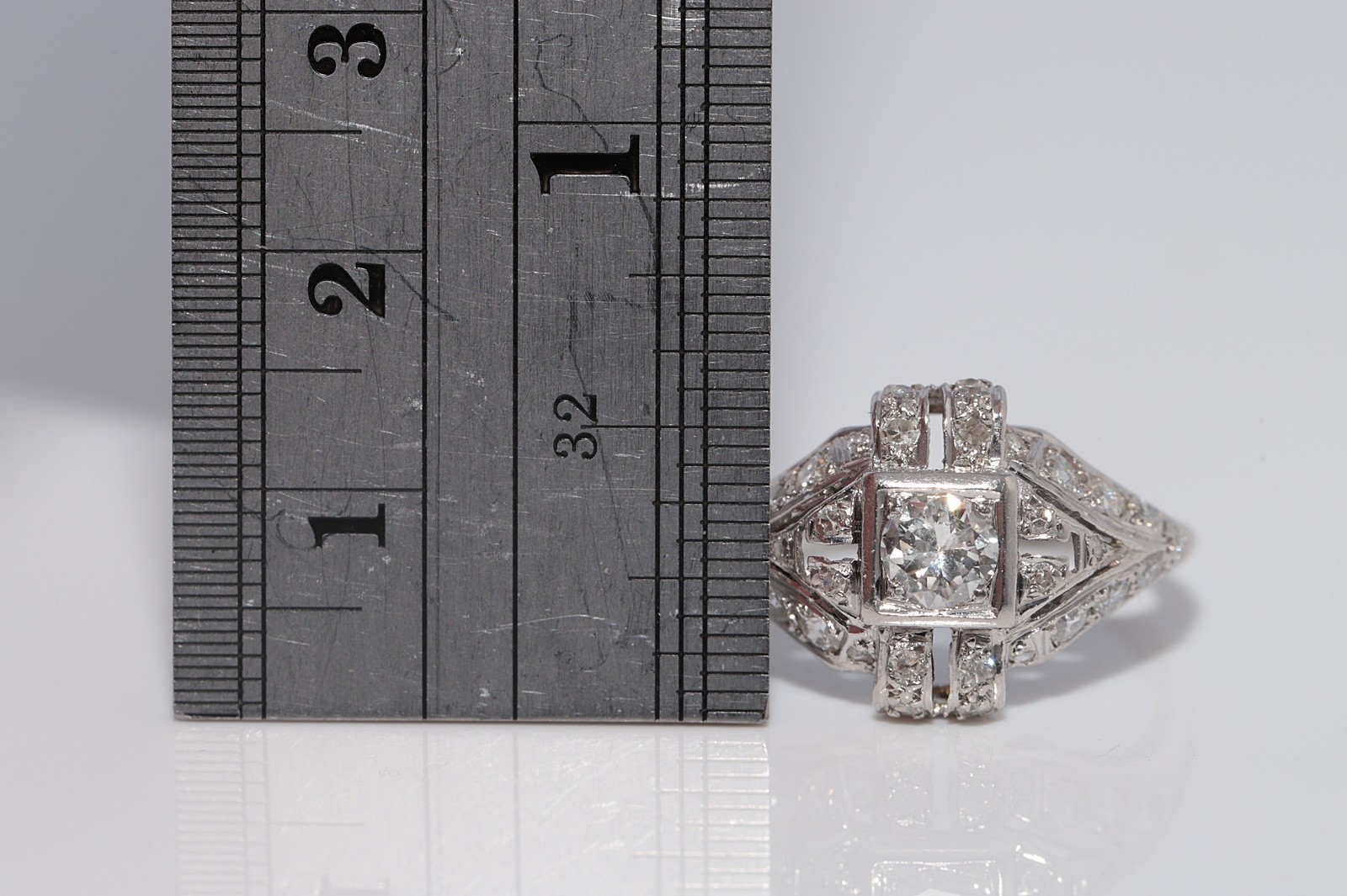 Antique Circa 1920s Handcrafted Art Deco Platinum Natural Diamond Ring