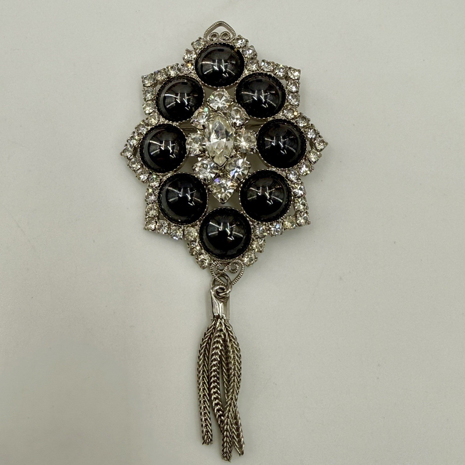 VTG DeLizza & Elster (Juliana) Hematite Cabochon Rhinestone Brooch, Verified