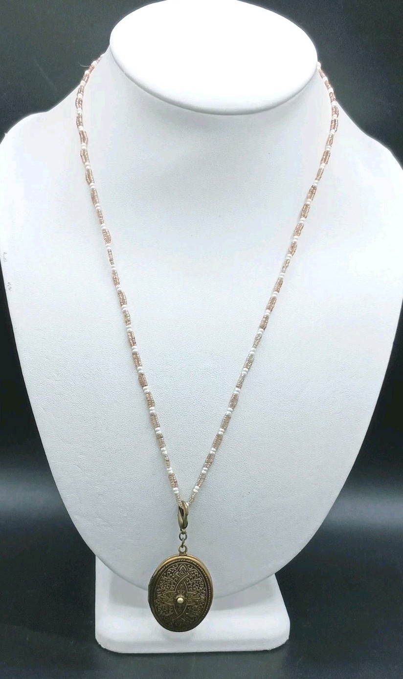 Vintage Coldwater Creek Celtic Cross Locket Necklace Seed Bead Faux Pearl
