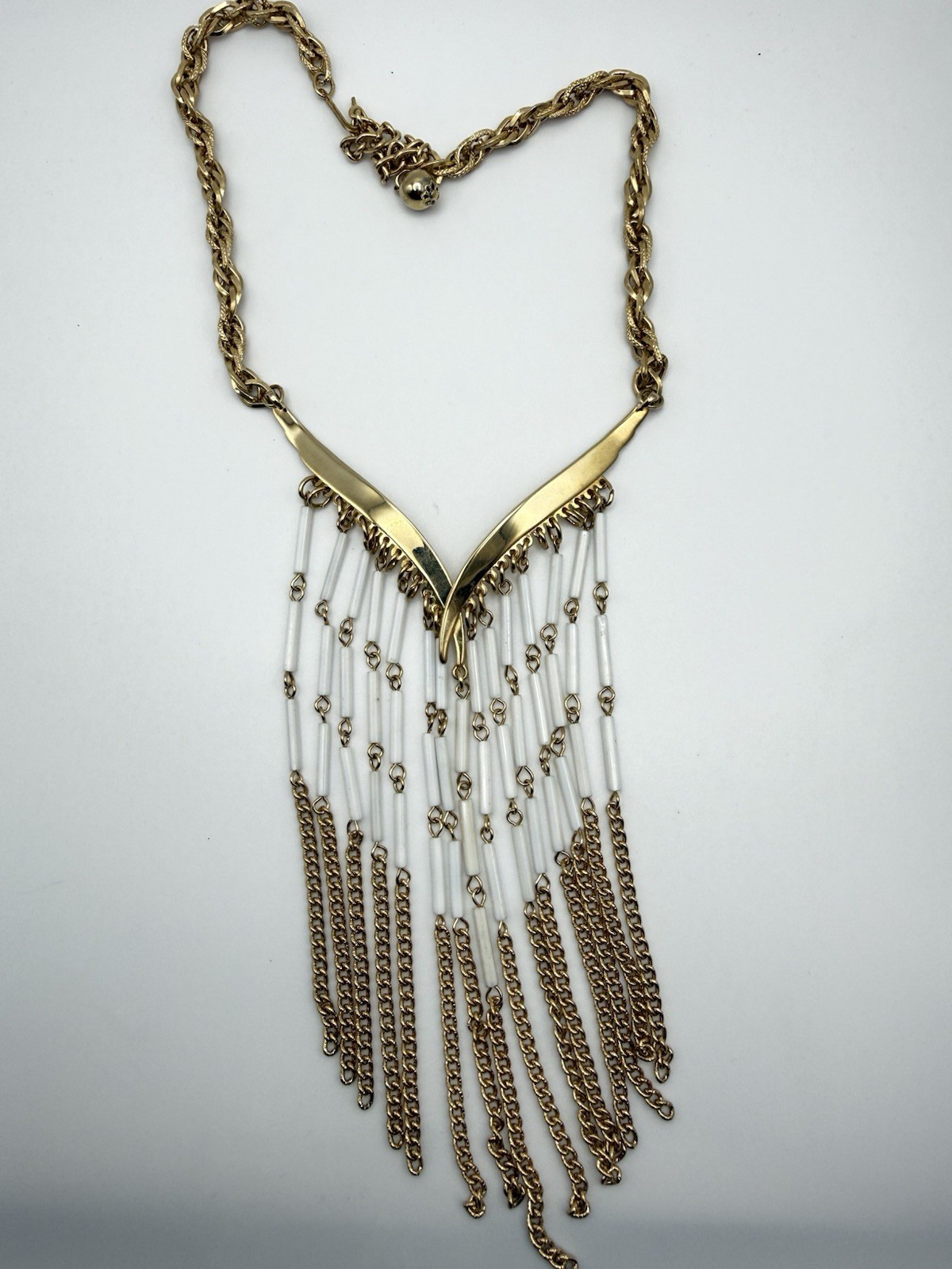 Vintage Beaded Waterfall Fringe Statement Bib Necklace Gold Tone
