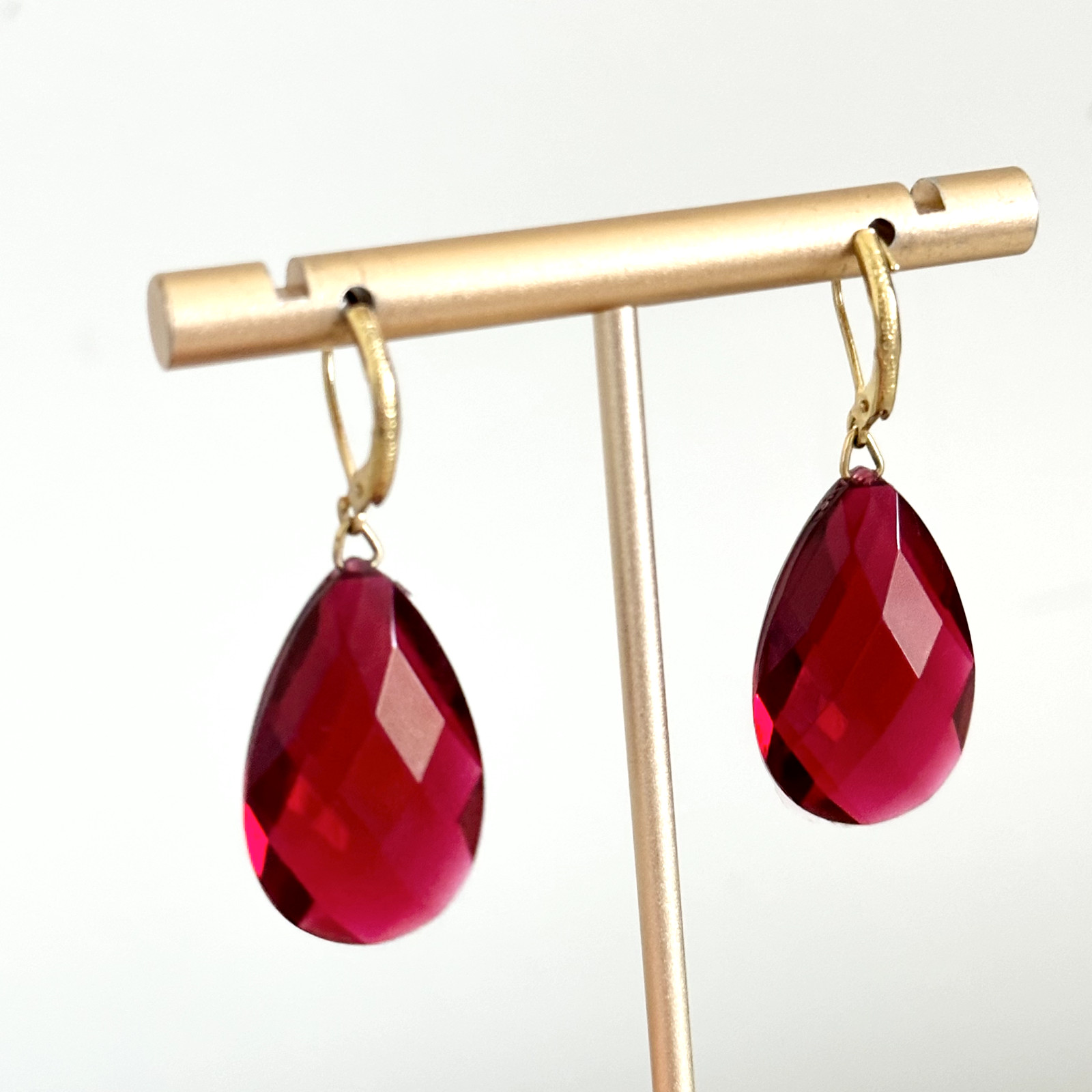Vintage Joan Rivers Red Acrylic Faceted Crystal Gold Tone Leverback Earrings