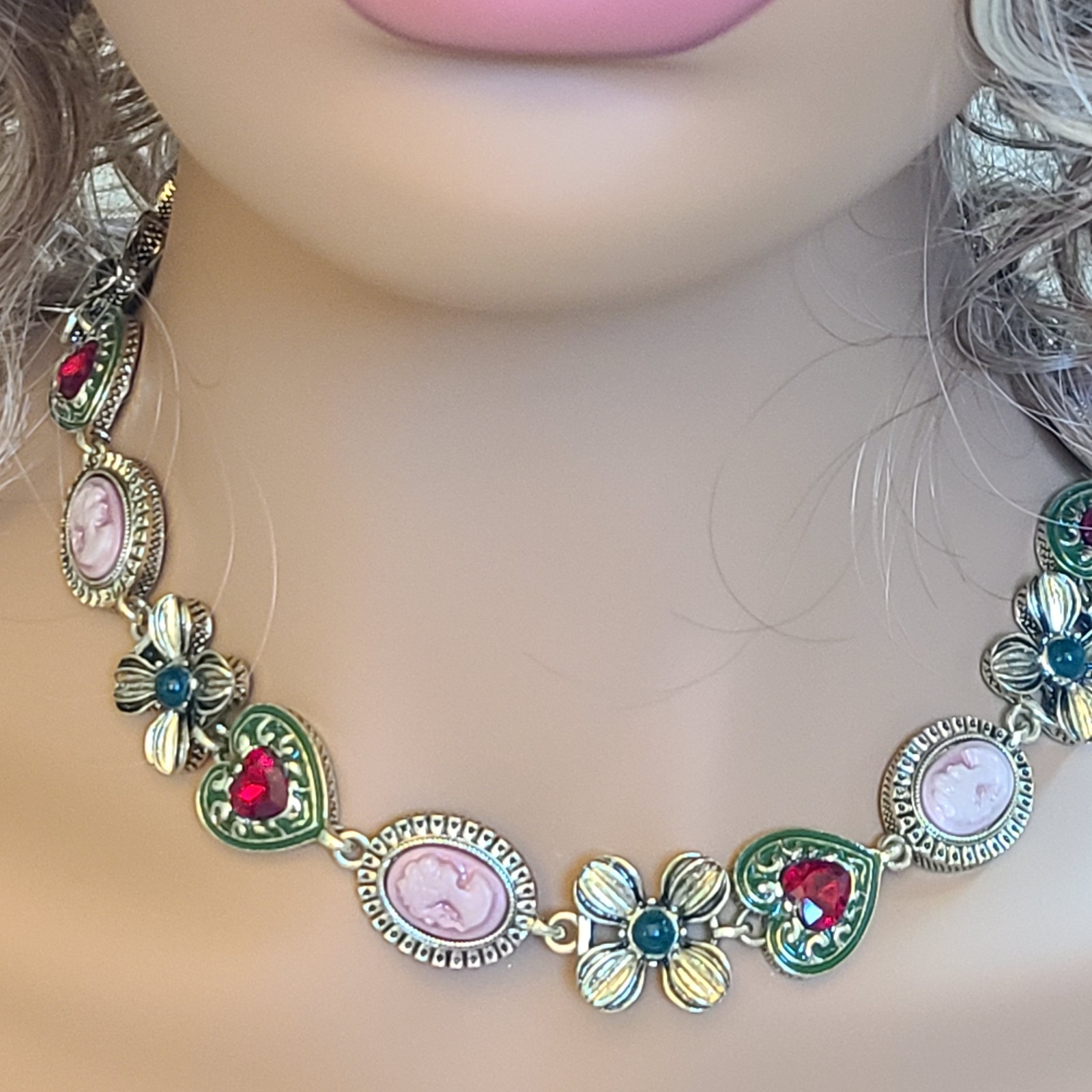 Romantic Victorian Style Enamel Red Rhinestone Heart Pink Faux Cameo Choker 17.5