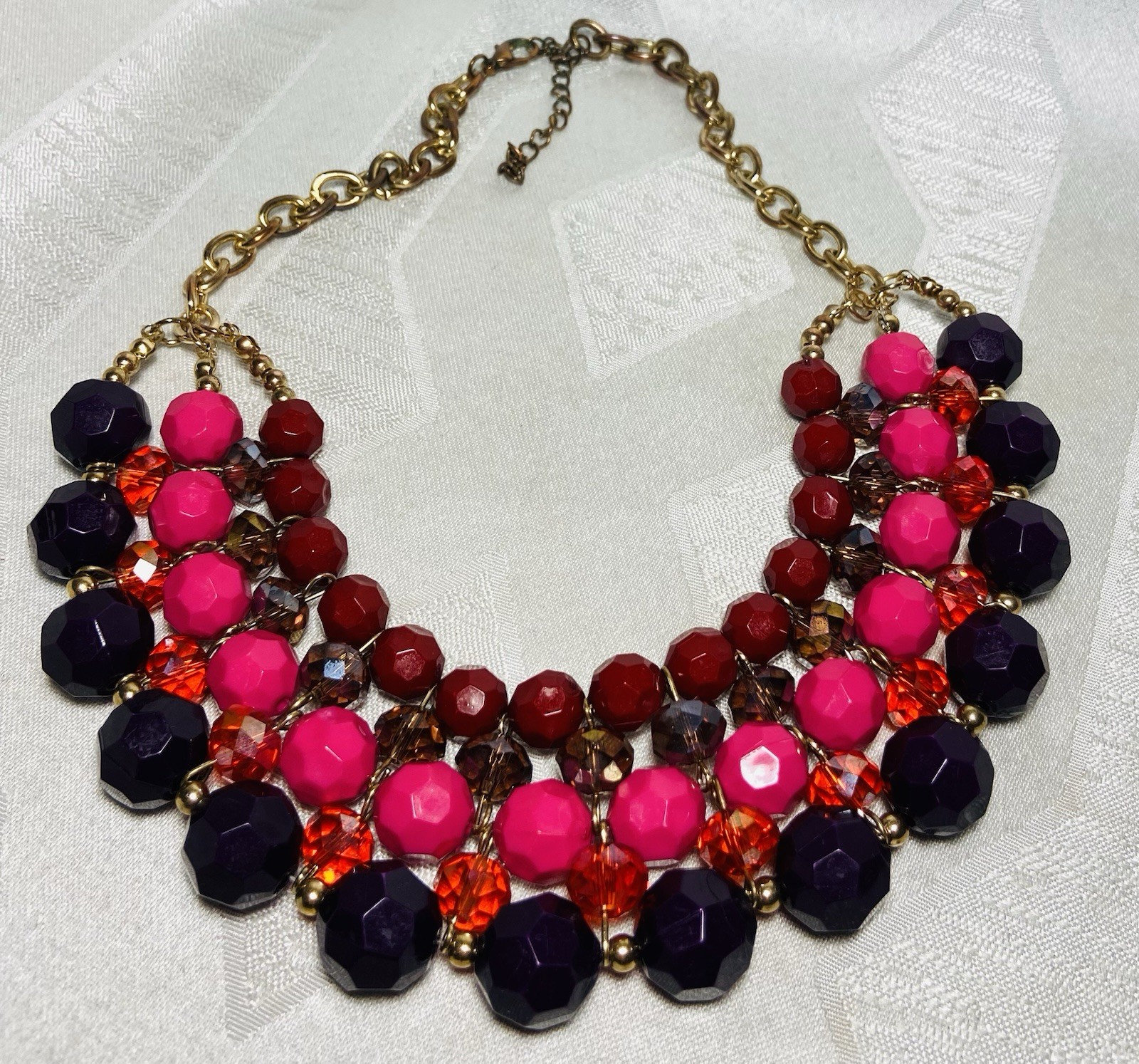 Vintage Chunky Beaded Statement Bib Necklace Pink Red Purple Red Gold Tone 18”