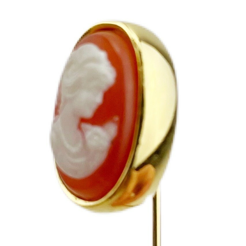 Crown Trifari Cameo Pin Hat Lapel Stick Vintage Gold Tone Orange Cream Victorian