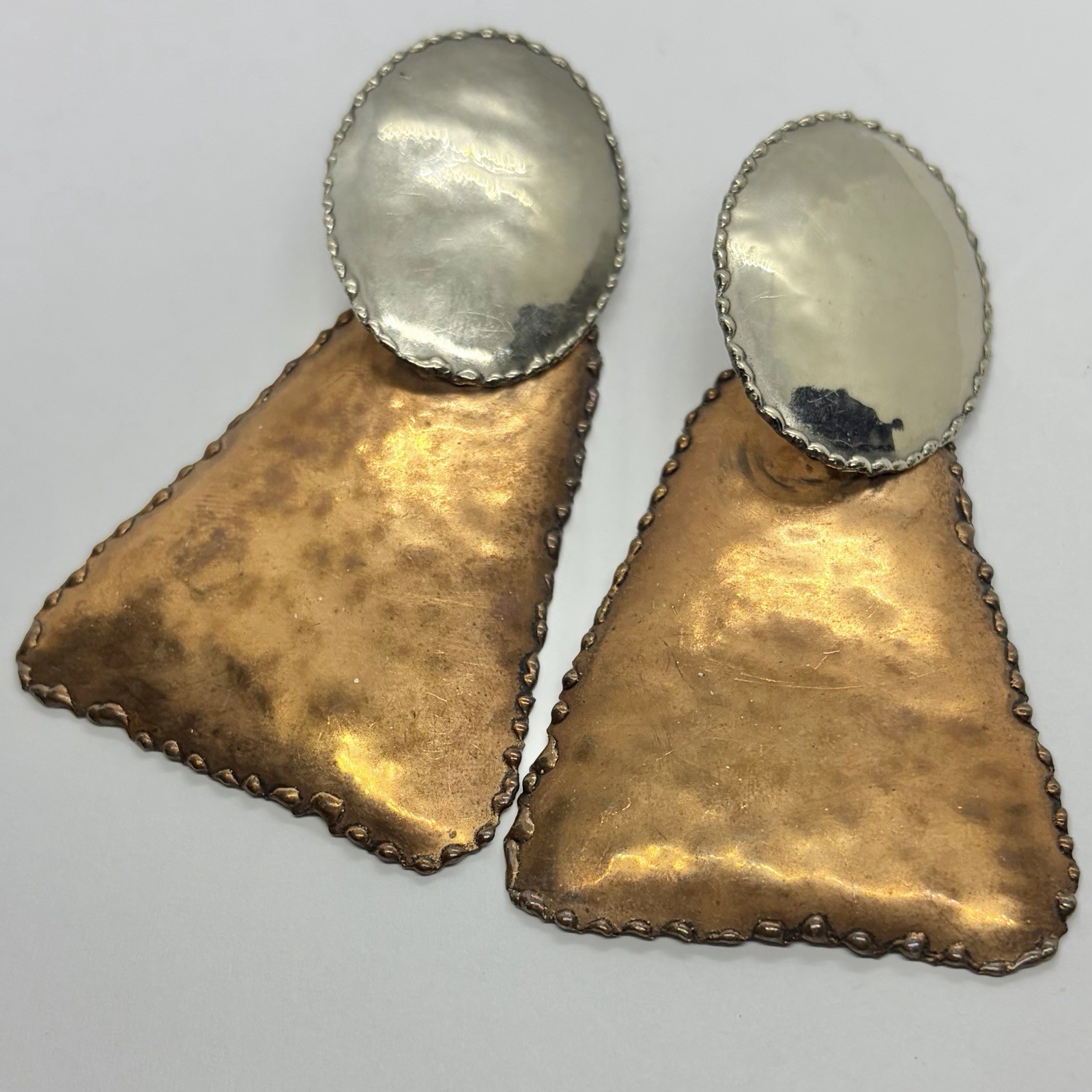 Vtg Big Artisan Mixed Metal Brutalist Statement Earrings Geometric Post Hammered