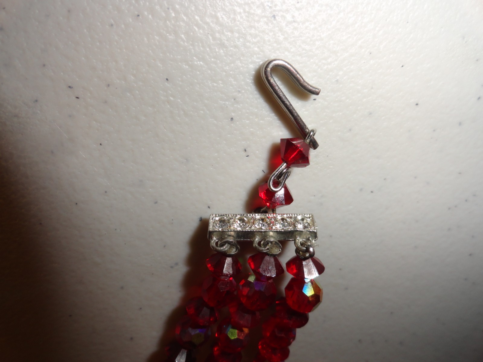 Vintage Parure 3 Strand Red Iridescent Necklace, Clip On Earrings & Bracelet