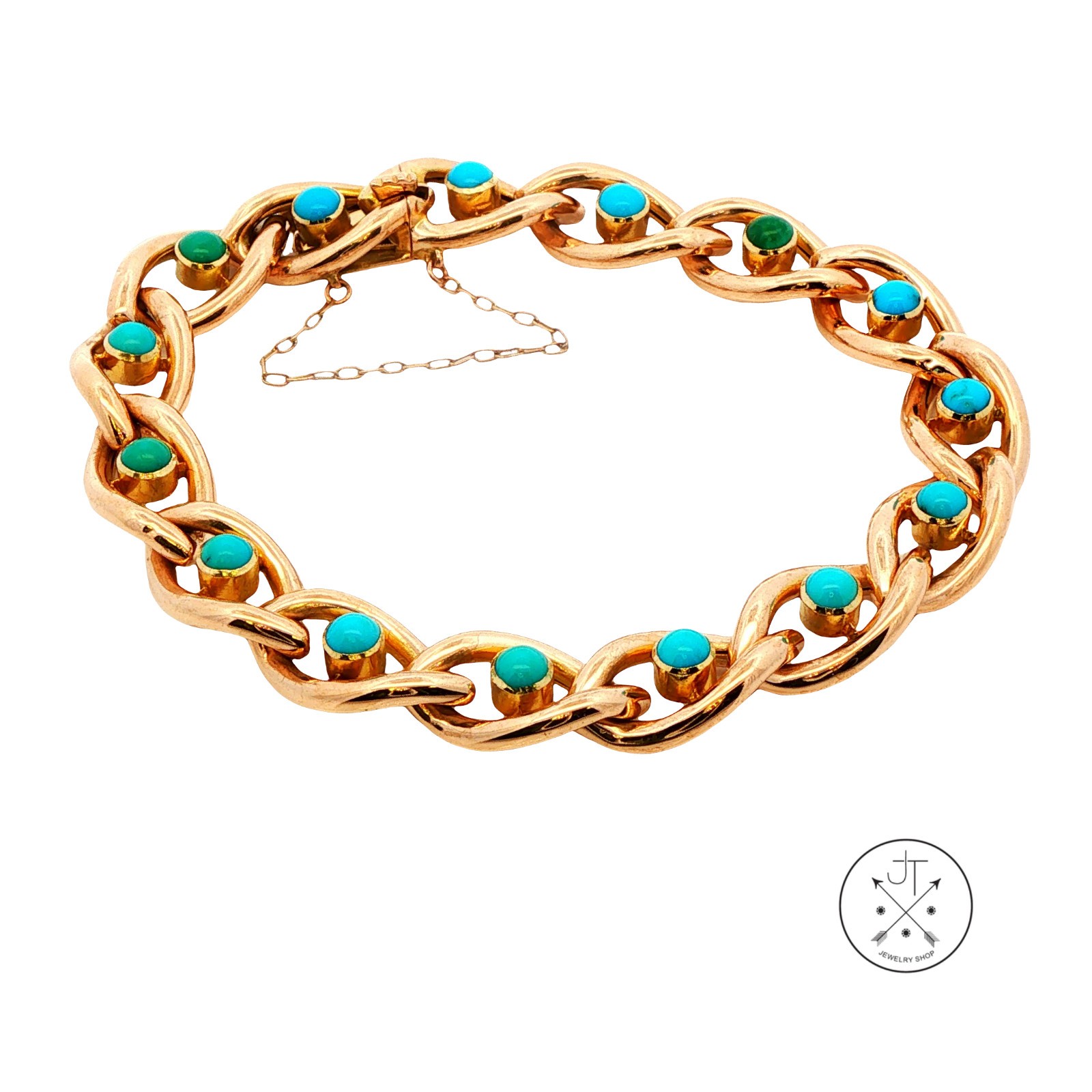 Antique 15k 15ct Yellow Gold Victorian Curb Link Bracelet with Turquoise 7.25 in