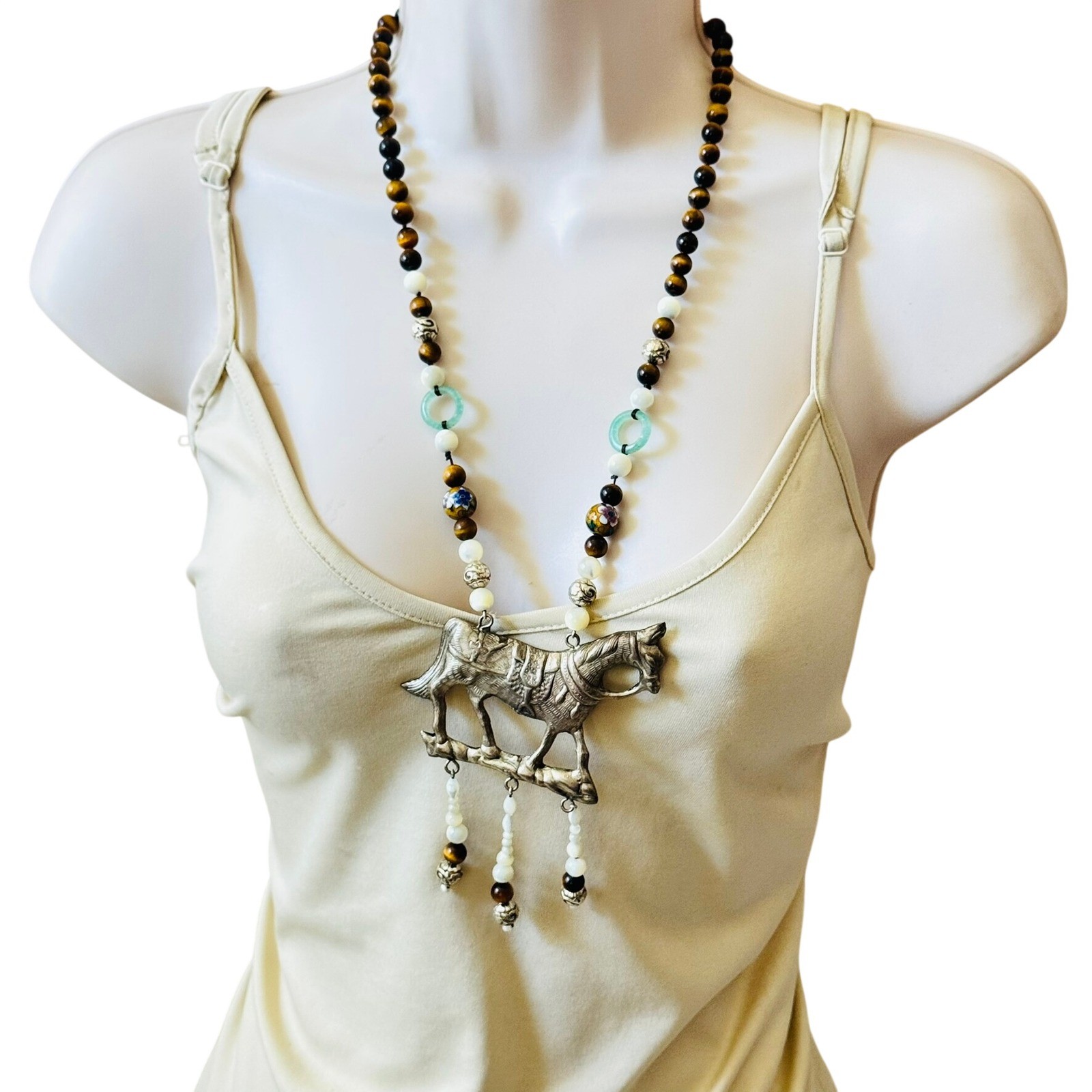 VTG Horse Equestrian Necklace Statement Cloisonne Tiger’s Eye Jade Stone Beads
