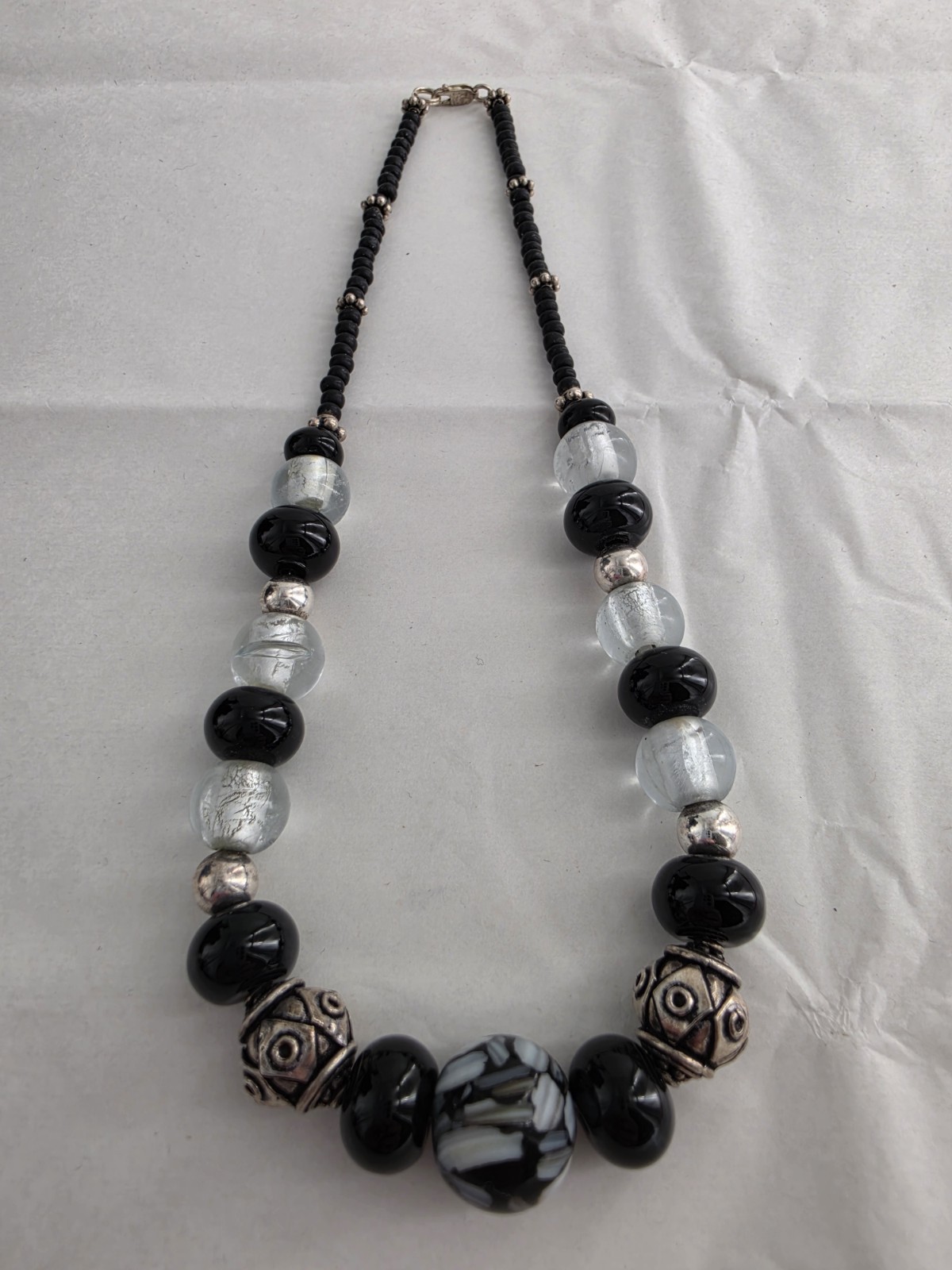 VTG Sterling Black Clear Glass Bead Necklace 60.97g