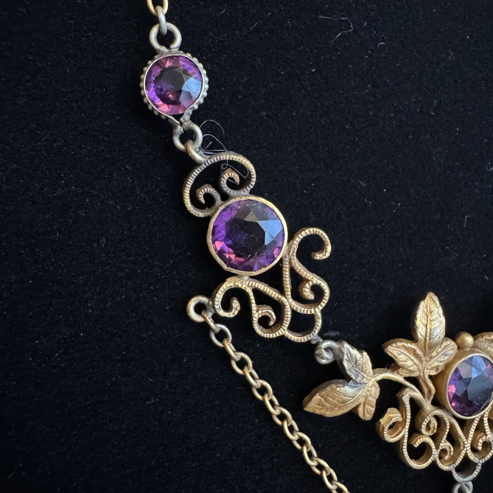 Vintage 12K GF Art Nouveau Revival Festoon Necklace Purple Glass Ivy Leaves