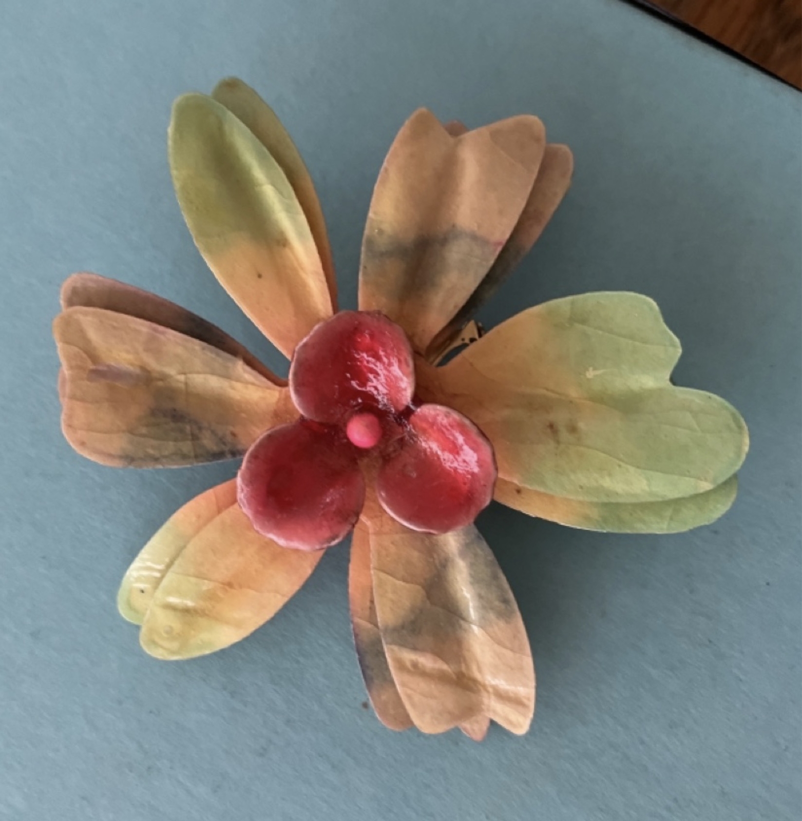 Vintage Large Enamel Flower Pin – lightweight not metal – papier mache? resin?