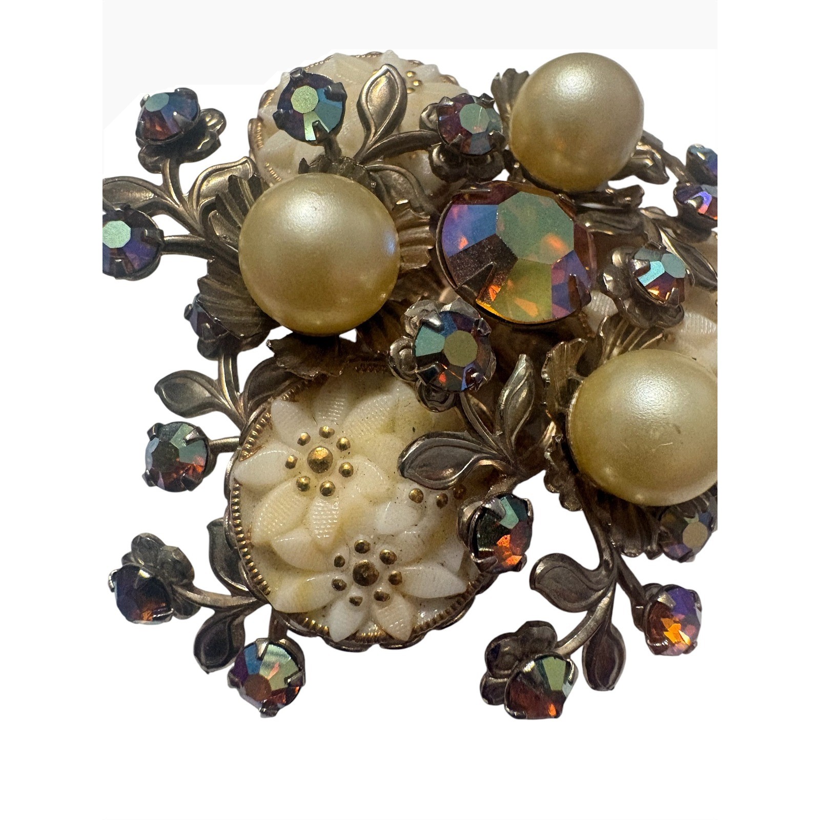 Vintage Aurora Borealis Rhinestone Faux Pearl Carved Flower Floral Brooch Pin