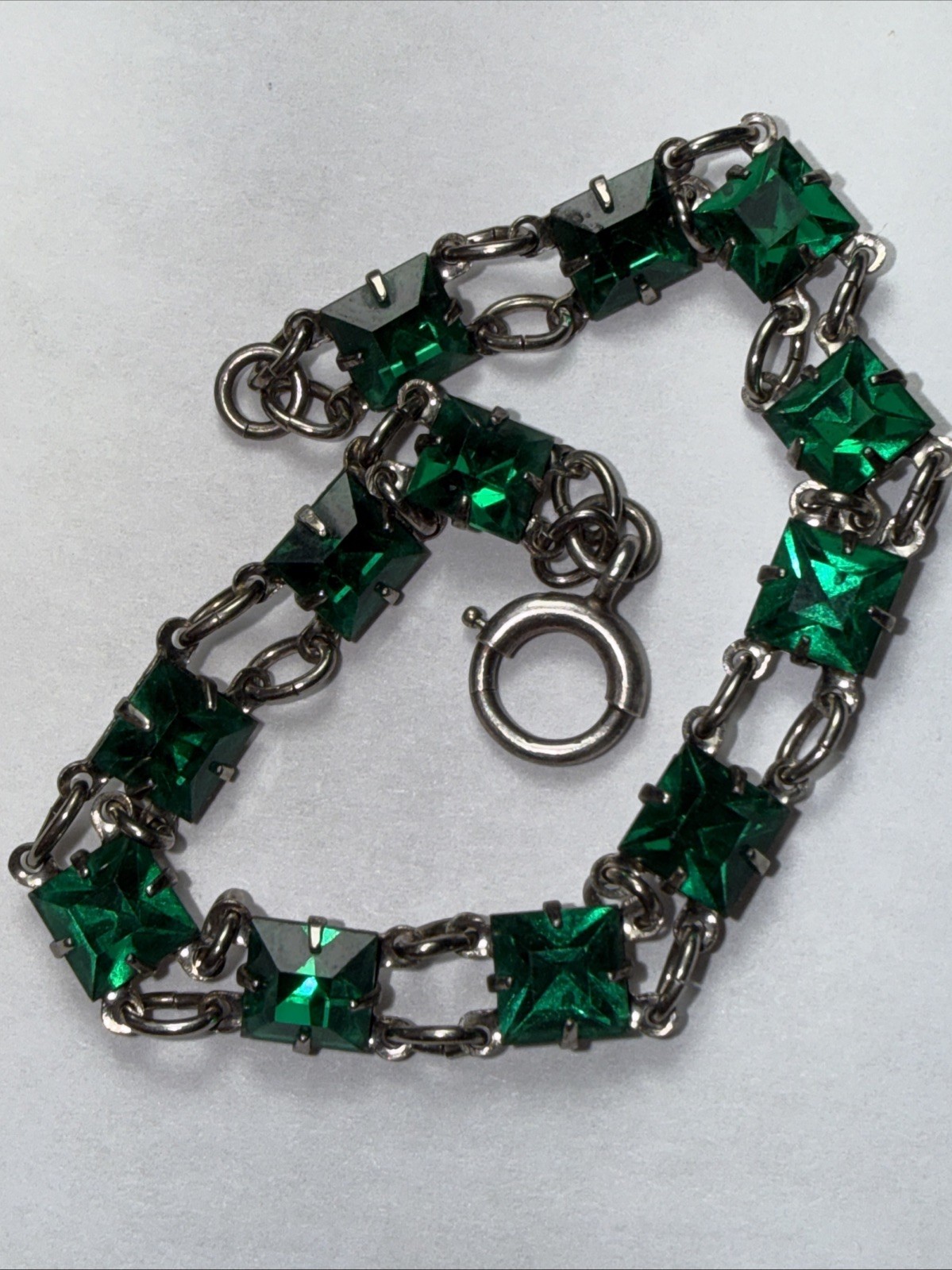Bracelet Art Deco Paste Gwen Emerald Glass Sterling Silver Square Stone Antique