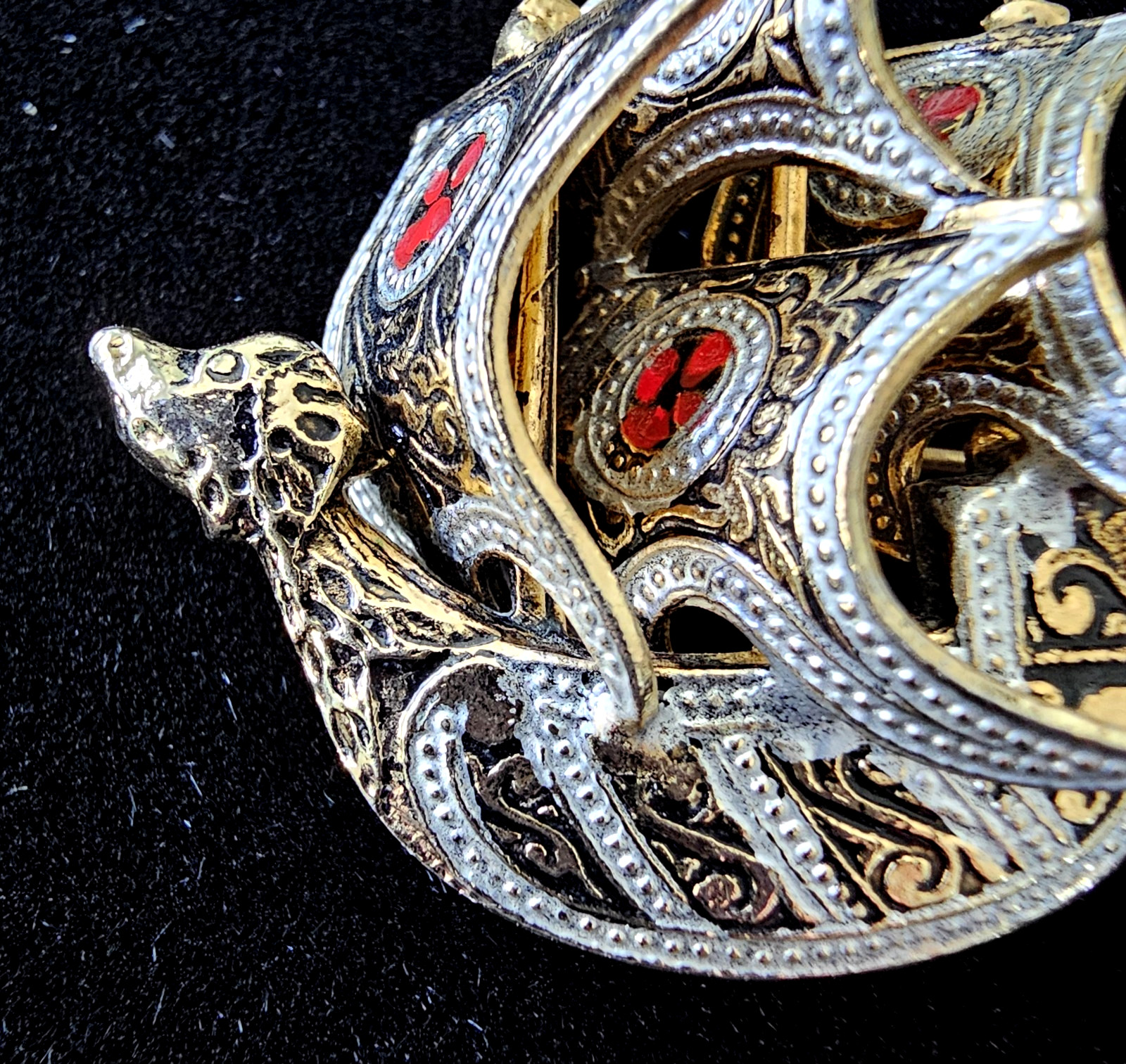 Vintage Damascene Spanish Galleon Ship Brooch Red Enamel Details Signed 1.5″