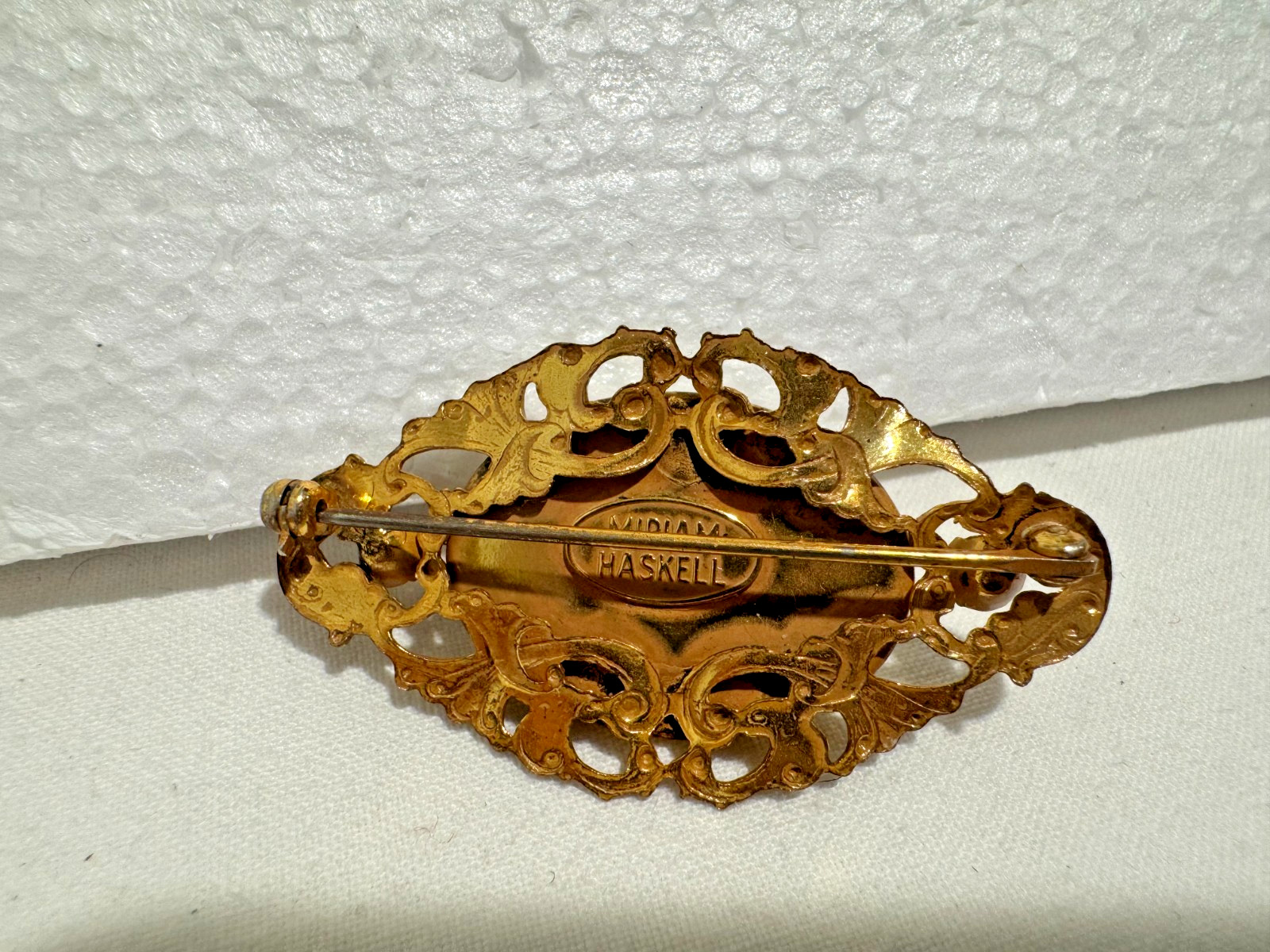 Vintage Miriam Haskell Brooch Pin Faux Pearl Cabochon Rhinestone Filigree Oval