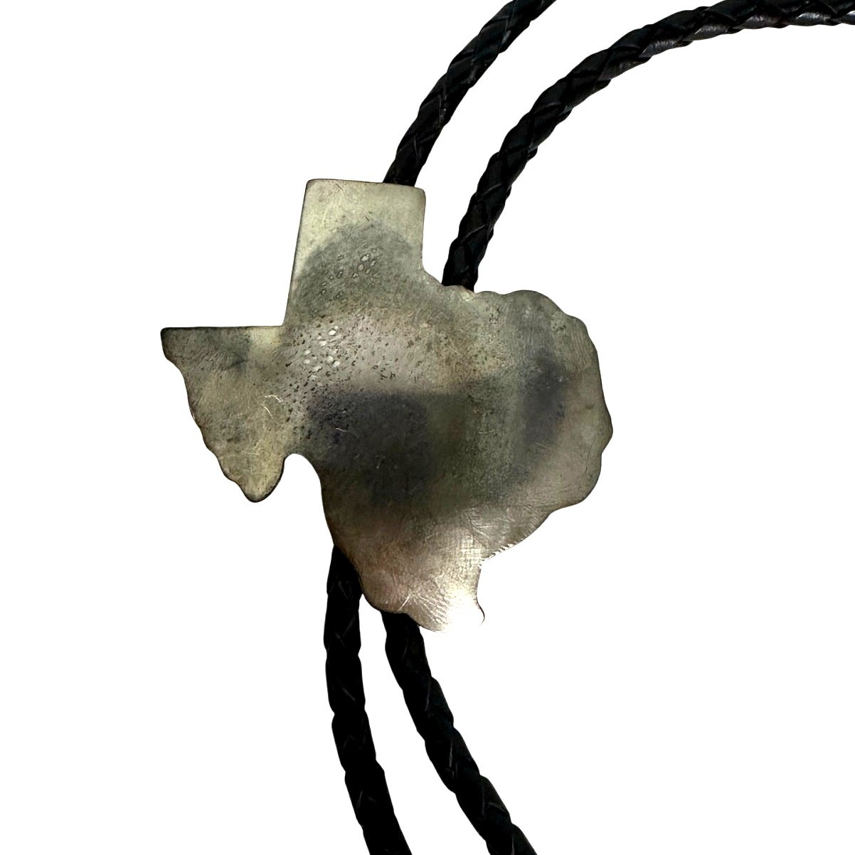 Texas State Shape Silver Metal Vintage Bolo w/Silver Tips & Black Leather Cord