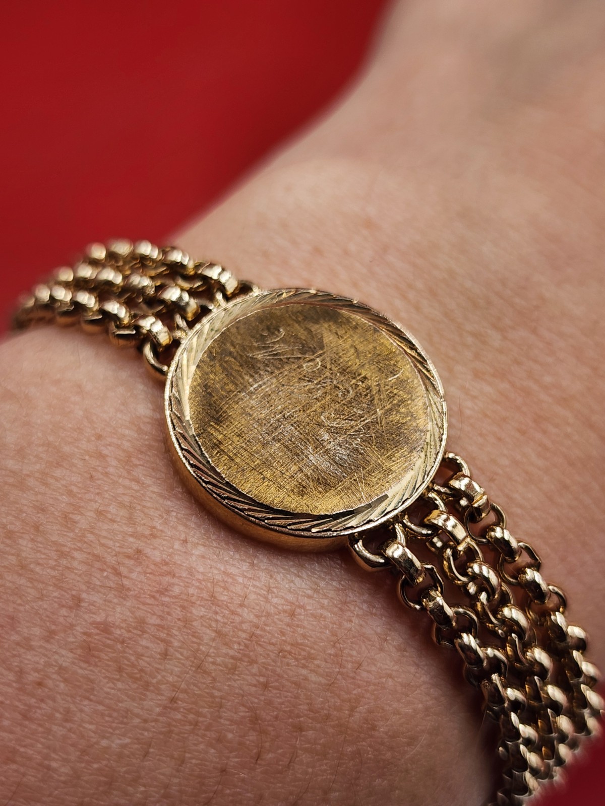 Vintage Speidel 1970s Engrave ID- style Plate Triple Band Gold Metal Bracelet