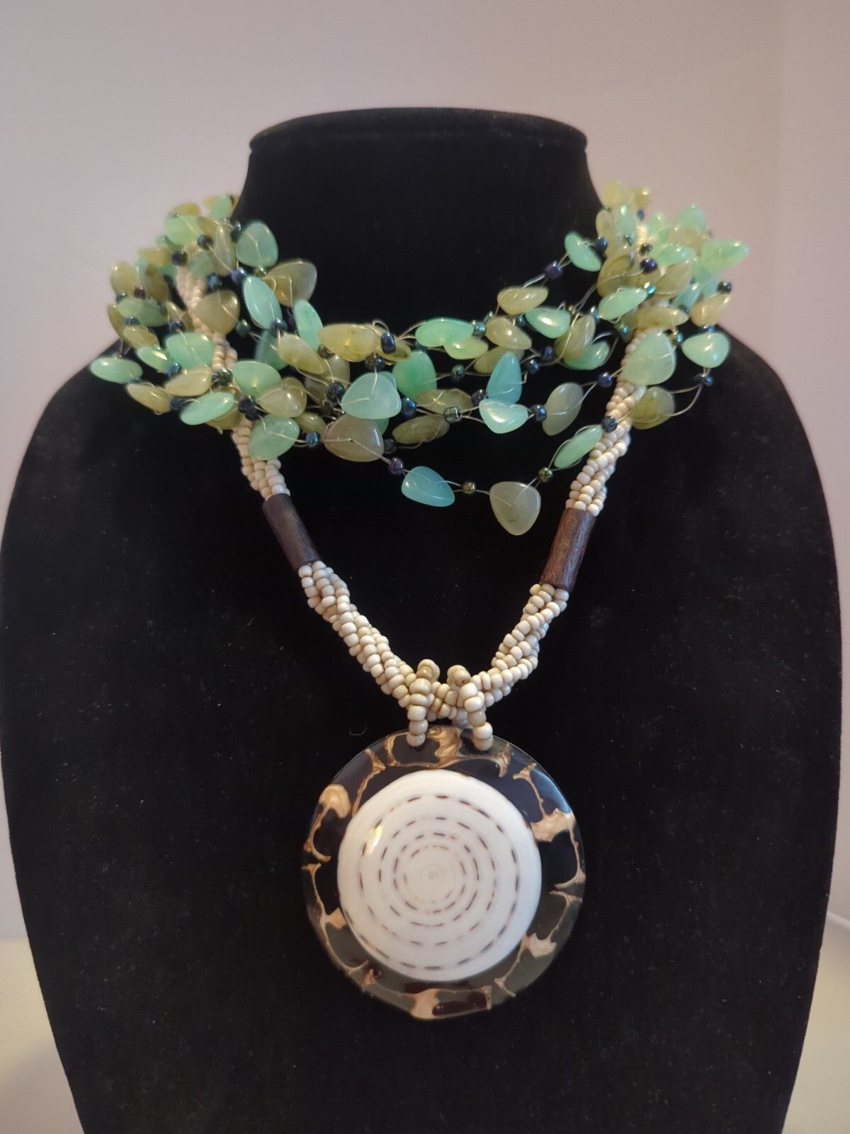 2 Necklaces Lot Inlaid Abalone Shell Pendant & Teal Multilayer Beaded Necklace