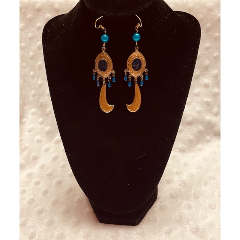 Vintage Boho Rose Gold, Blue Tones , Lightweight Metal Dangle Earrings-EXCELLENT