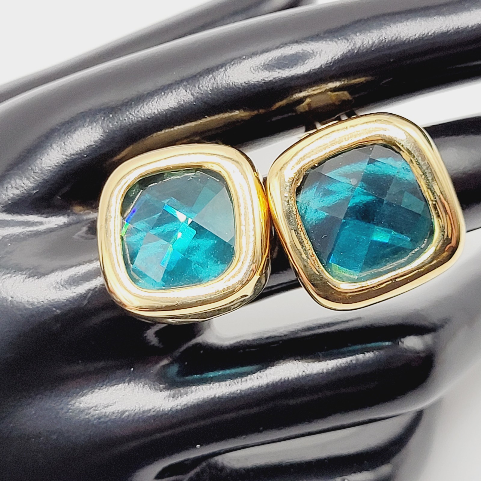 Aqua Light Blue Green Faceted Glass Soft Square Gold Tone Bezel Clip On Earrings