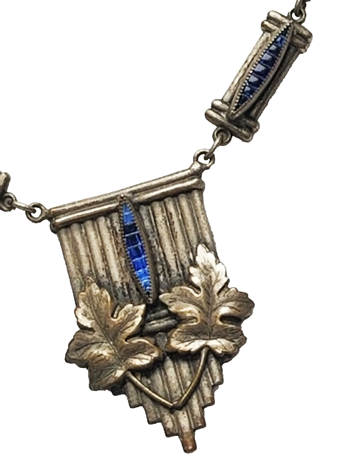Antique Art Deco / Nouveau Simulated Sapphire Pendant Necklace Leaf Motif 18 3/4