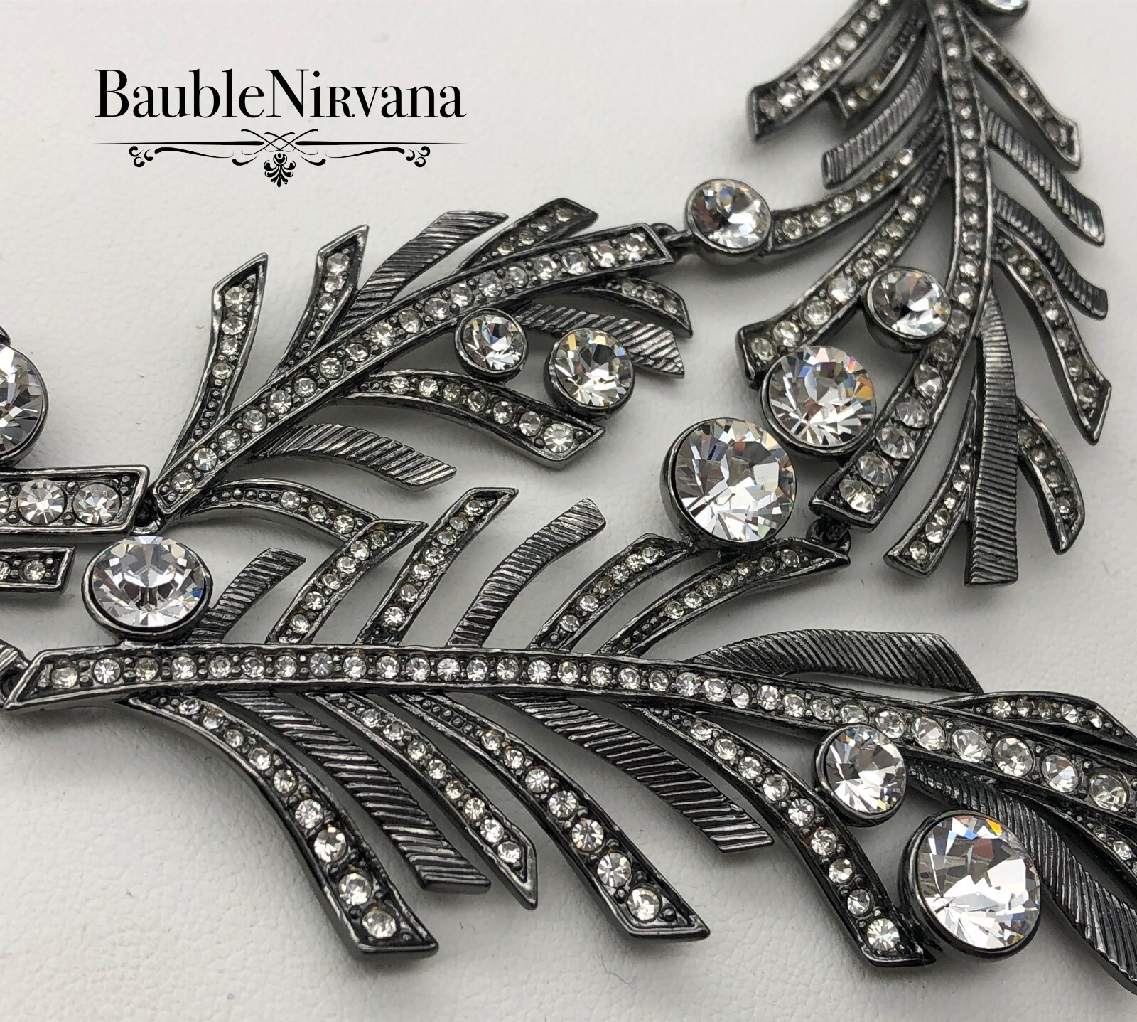 Givenchy Gun Metal & Rhinestone Textured Leaves Statement Bib Necklace WOW!!
