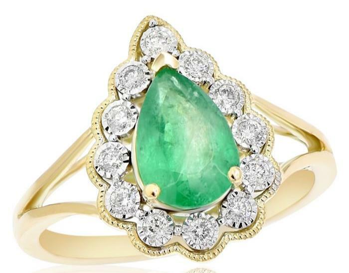 1.53CT DIAMOND & AAA EMERALD 14KT YELLOW GOLD PEAR SHAPE & ROUND FLOWER FUN RING