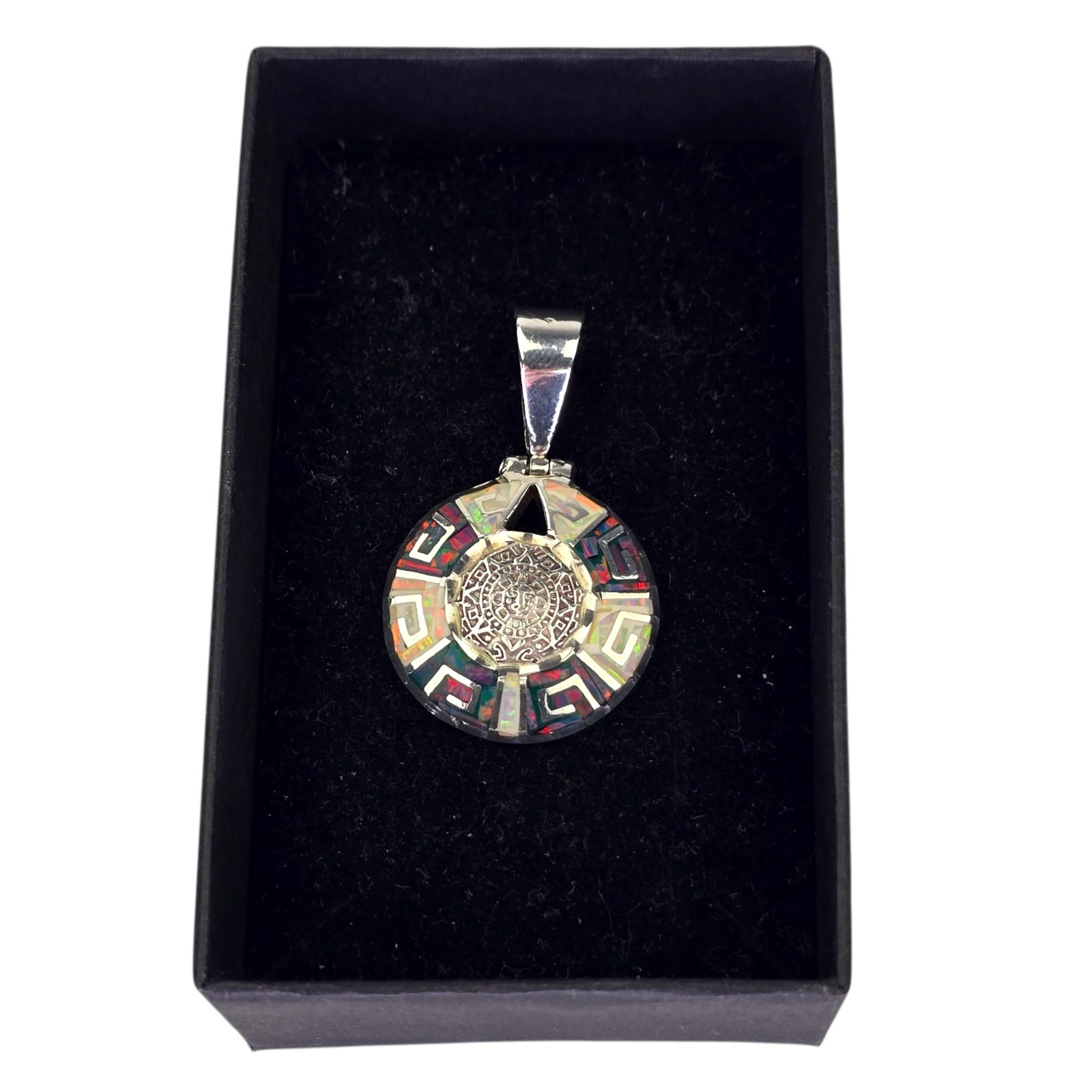 Vintage Sterling Silver Taxco Mexico Mayan Aztec Calendar MOP Opal Inlay Pendant