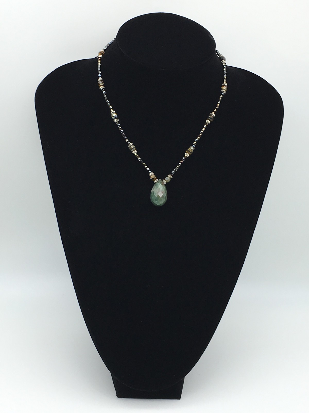 Vintage Blood Stone Pendant Crystal Hematite Czech Beads Sterling 16″ Necklace
