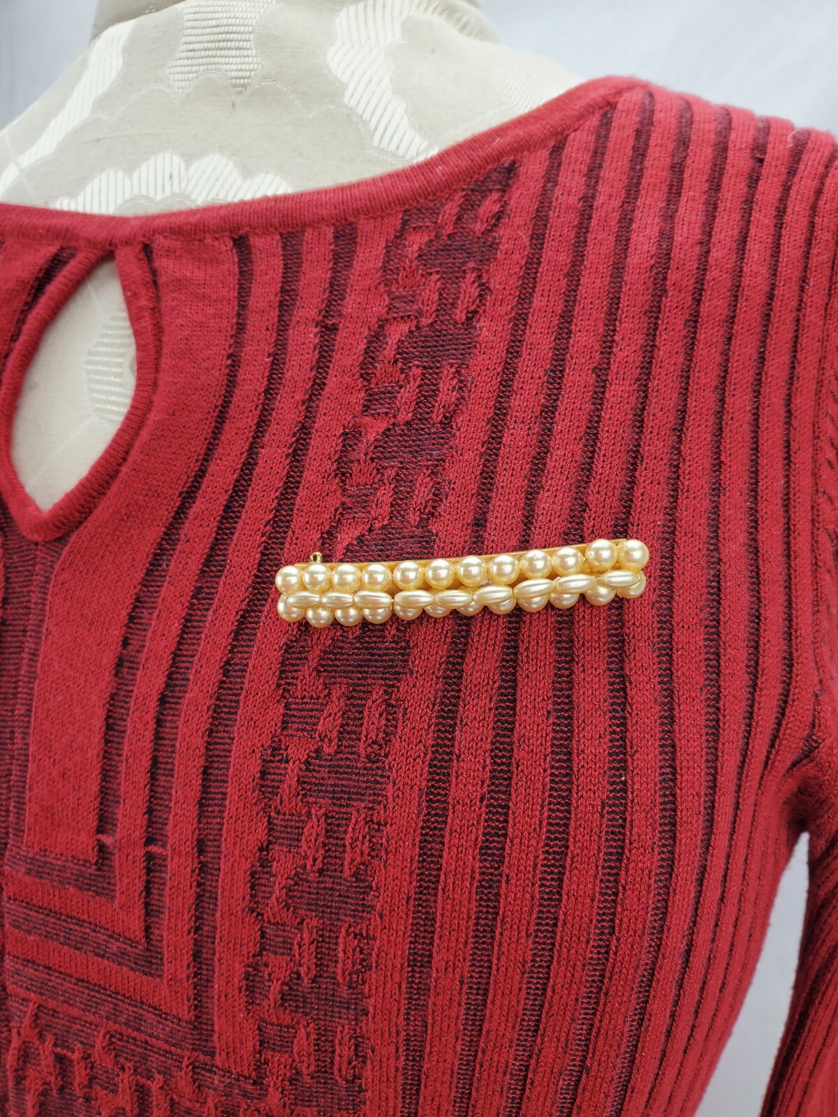 Vtg Brooch Bar Pin Pearls Faux Gold Tone Holiday 2.5”x.0.5” Unsigned 40s 50s 60s