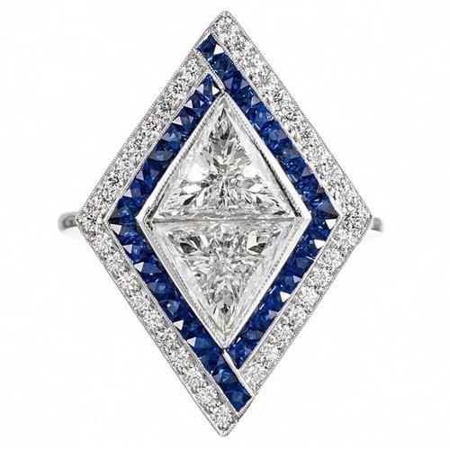 Art Deco 2.3Ct Lab Created Diamond & Sapphire 14K White Gold FN Engagement Ring